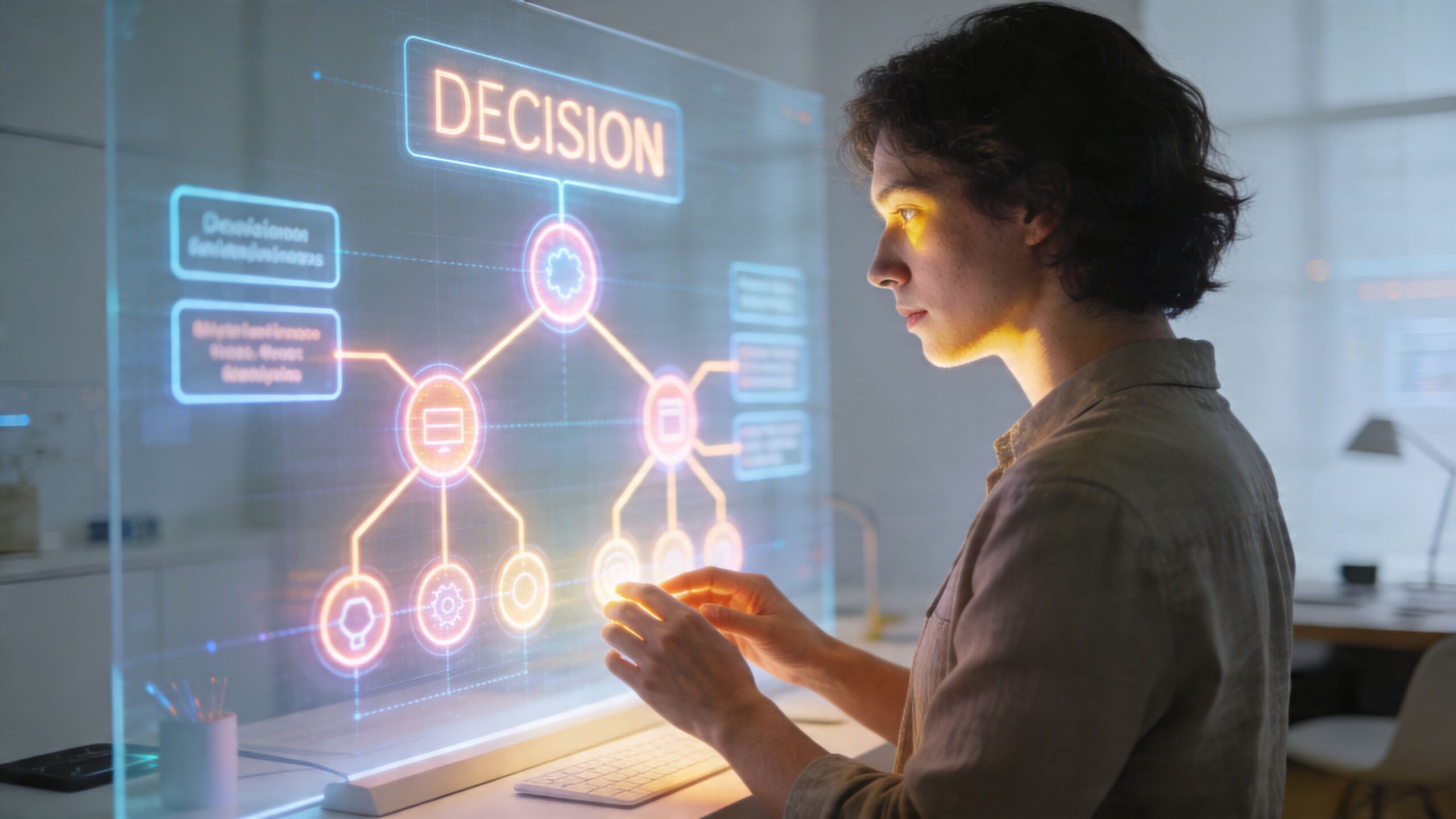 Un jeune homme utilise une interface numérique transparente pour visualiser et organiser une structure de décision complexe.