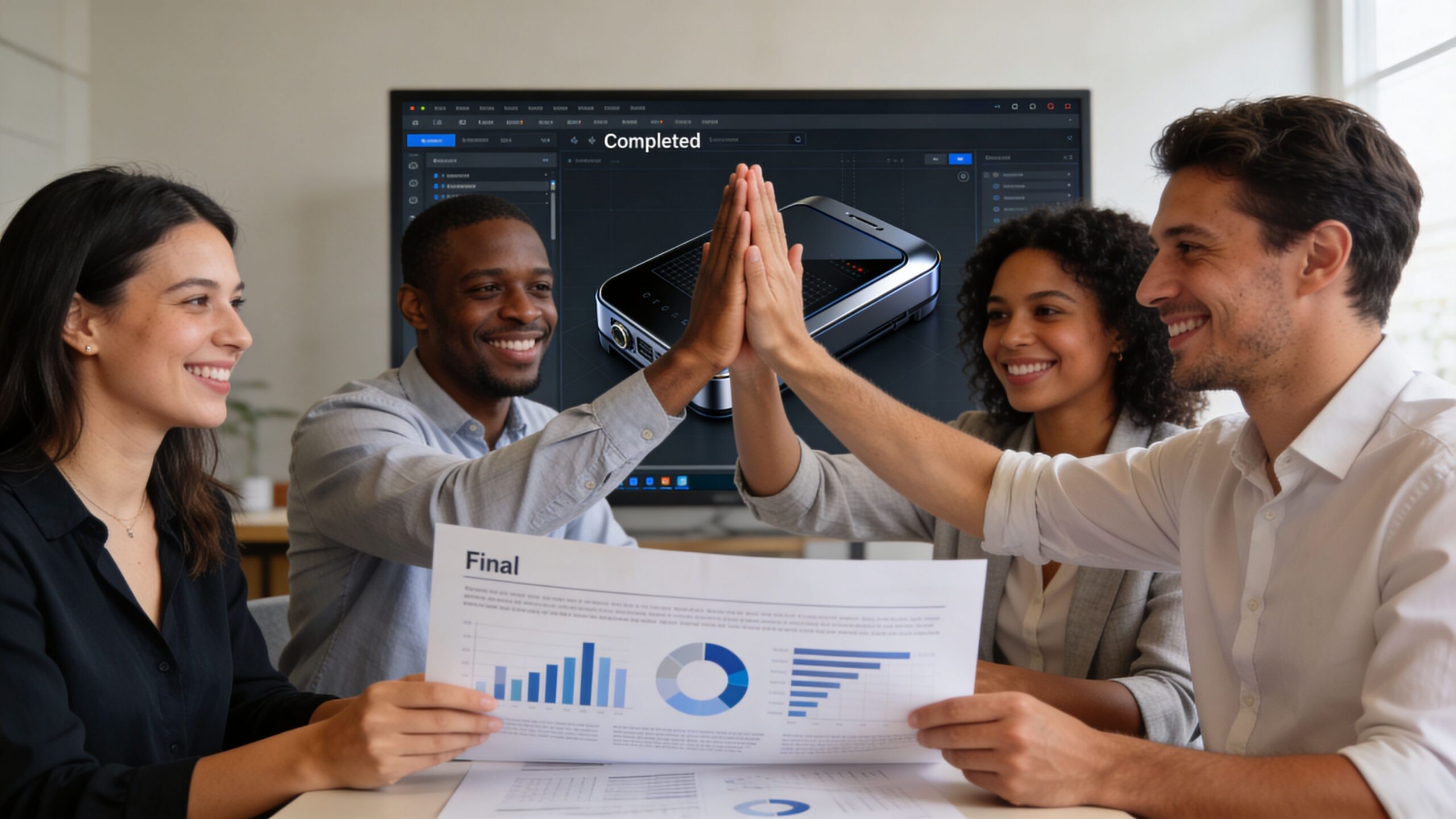 Une équipe diversifiée célèbre le succès d'un projet avec un high-five dans un bureau moderne.