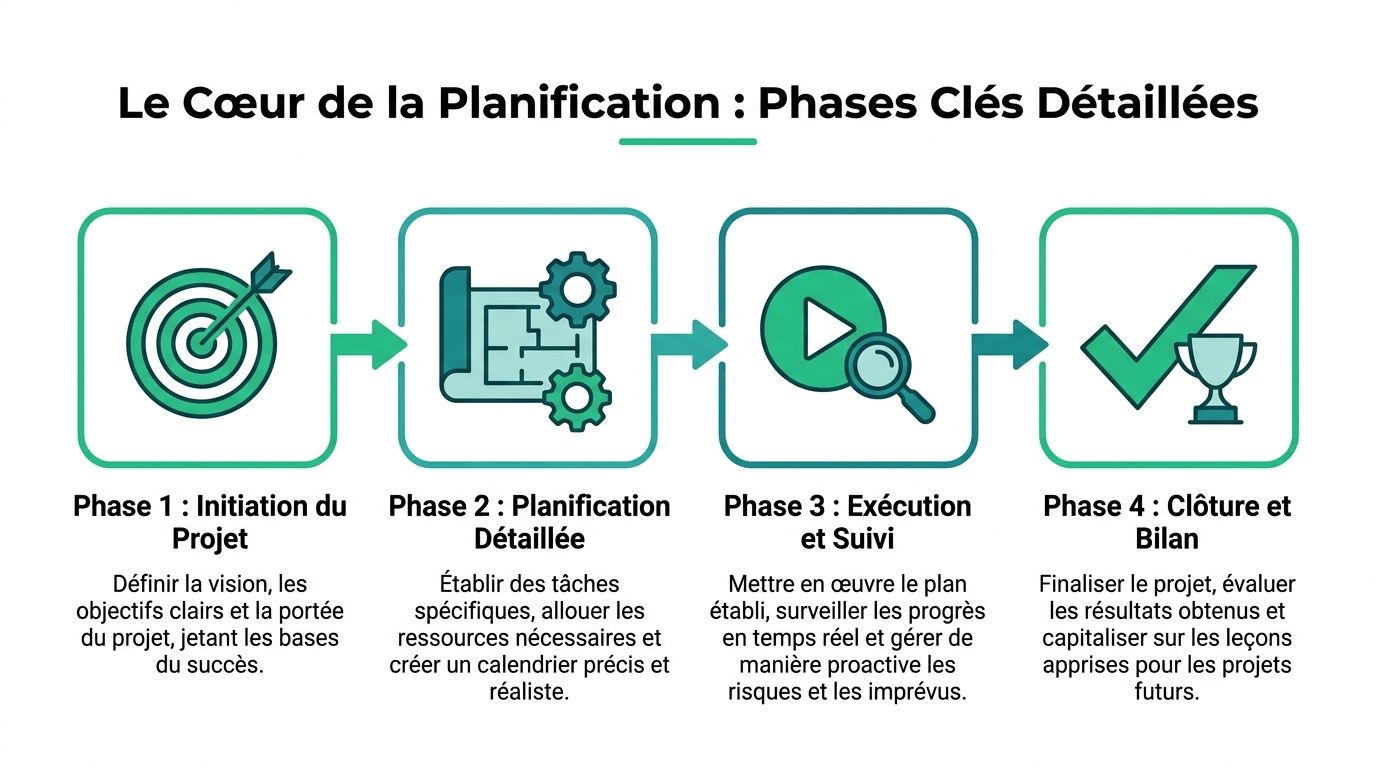 Schéma illustrant les quatre phases clés détaillées d'un processus efficace de planification de projet professionnel.