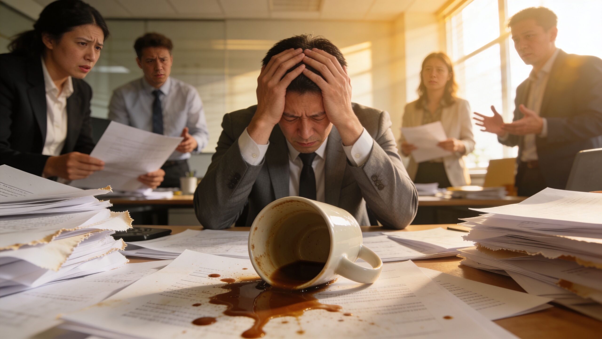 Homme d'affaires stressé assis à son bureau avec des dossiers et une tasse de café renversée.