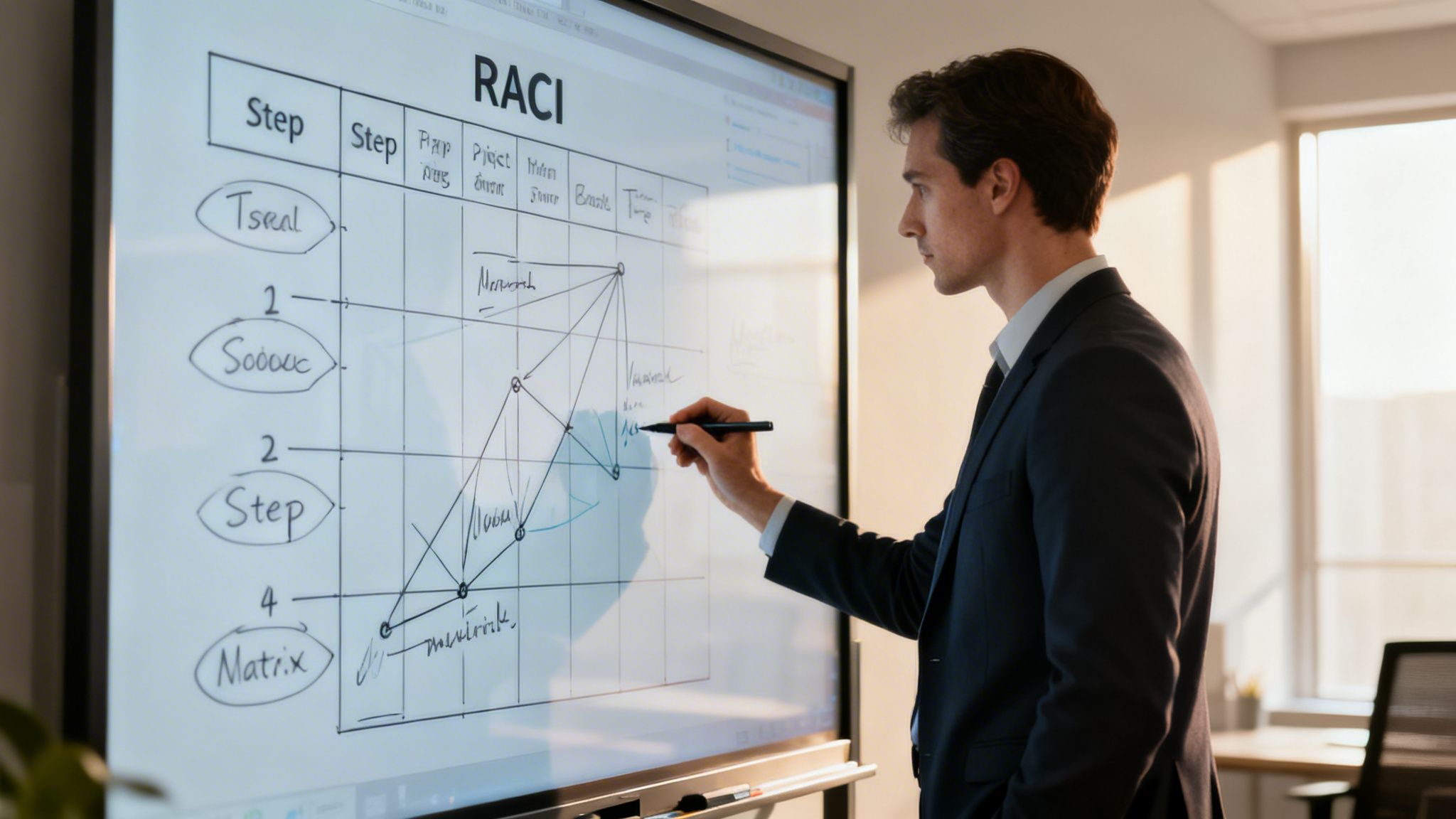 Un homme d'affaires en costume trace un diagramme RACI sur un écran interactif dans un bureau lumineux.