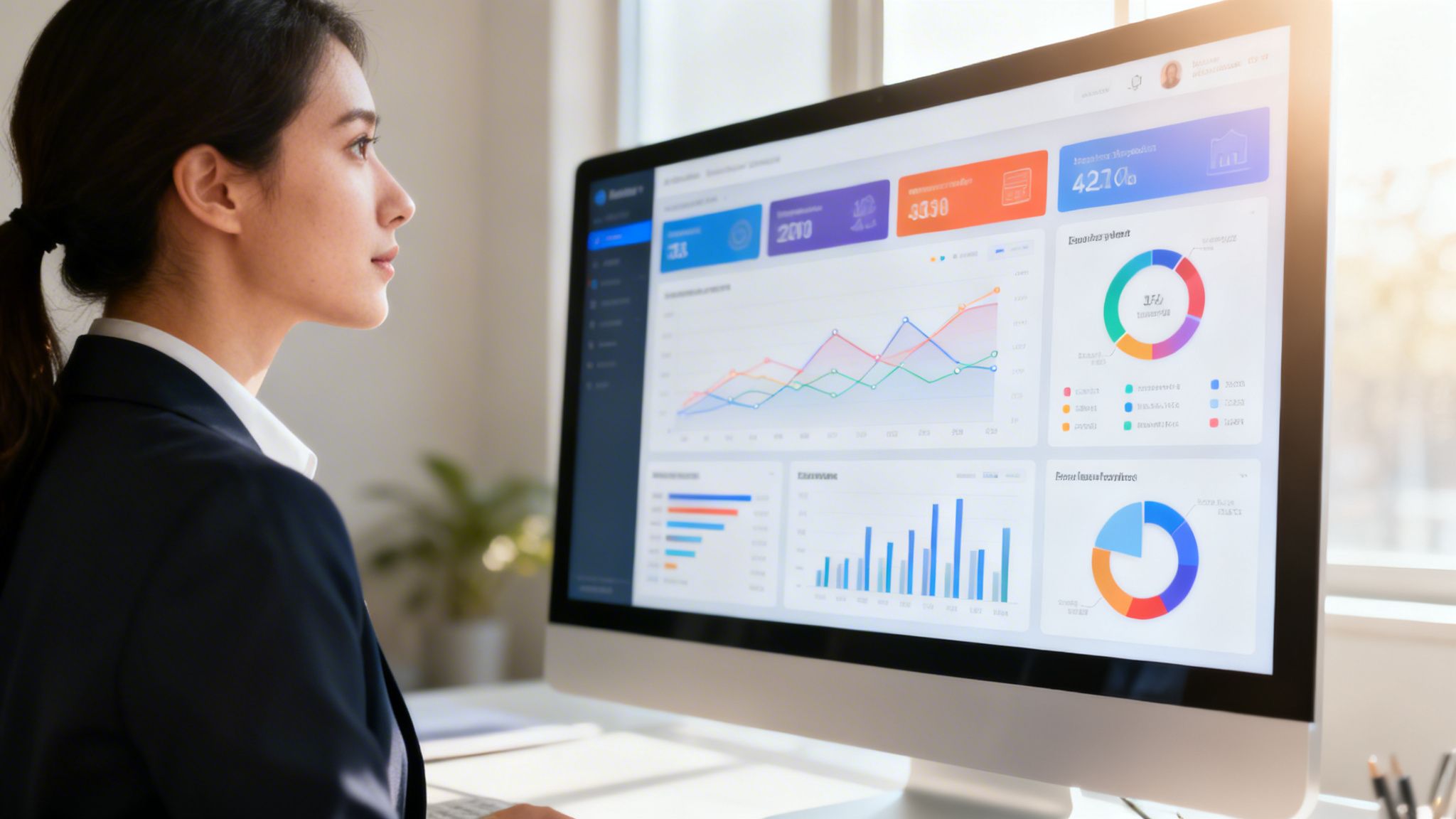Une femme d'affaires concentrée travaille devant un écran d'ordinateur affichant des graphiques et des analyses de données.