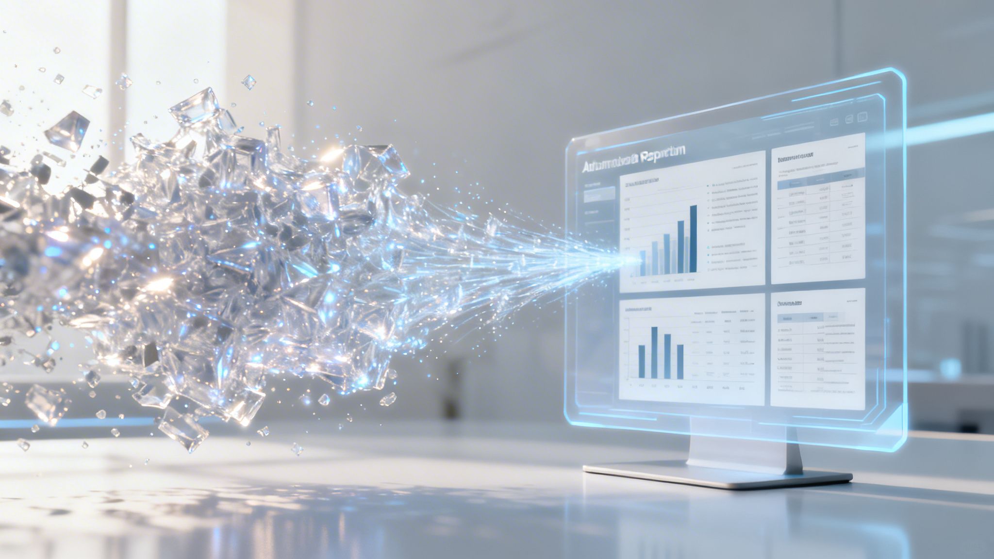 Une visualisation numérique abstraite de données se transformant en tableaux de bord et graphiques sur écran transparent.