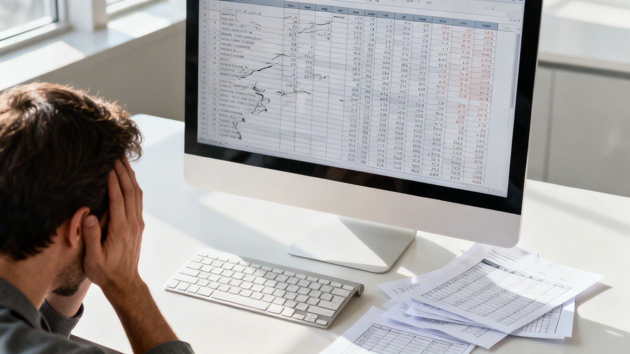 Un employé stressé devant son écran d'ordinateur affichant un tableau complexe de données financières et statistiques.