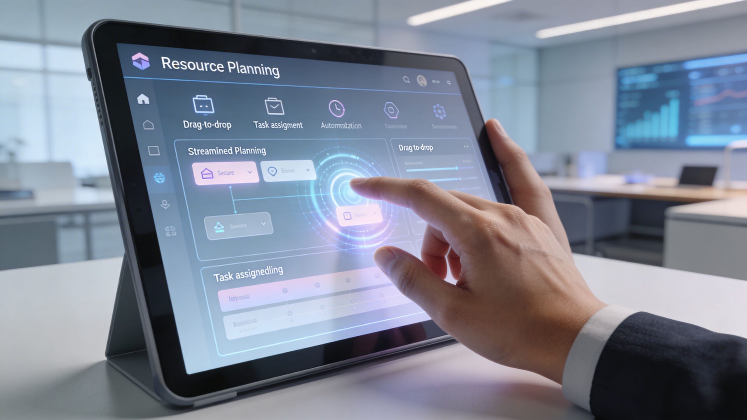 Une personne utilisant une tablette numérique pour la planification des ressources dans un environnement de bureau moderne.