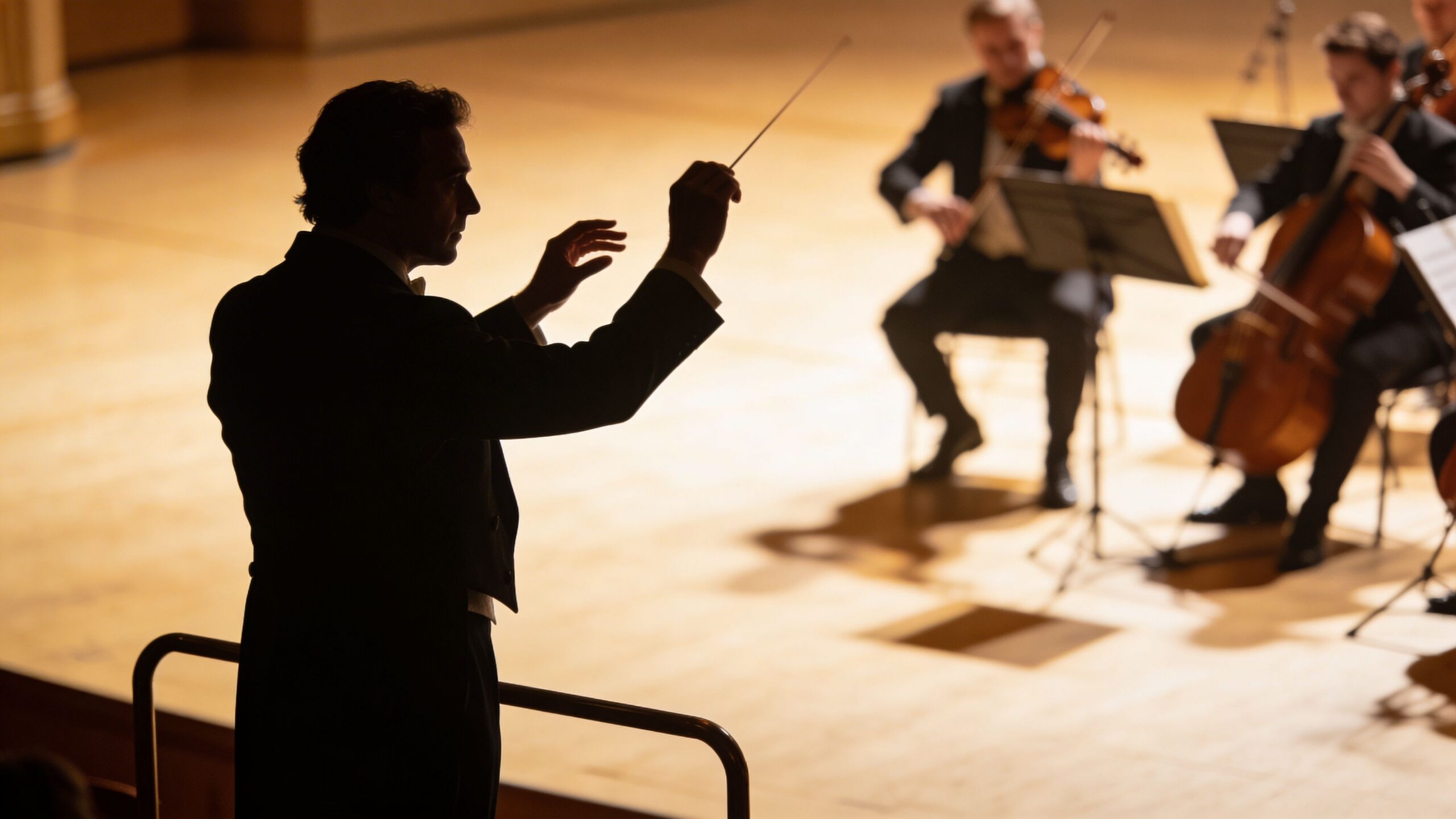 Un chef d'orchestre silhouetté dirige ses musiciens sur une scène de concert lors d'une performance en direct.