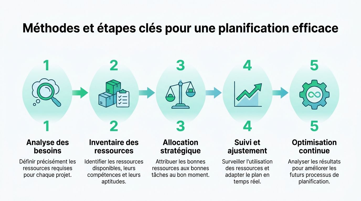Cinq étapes clés illustrées pour une planification efficace des ressources incluant analyse, inventaire, allocation, suivi et optimisation.