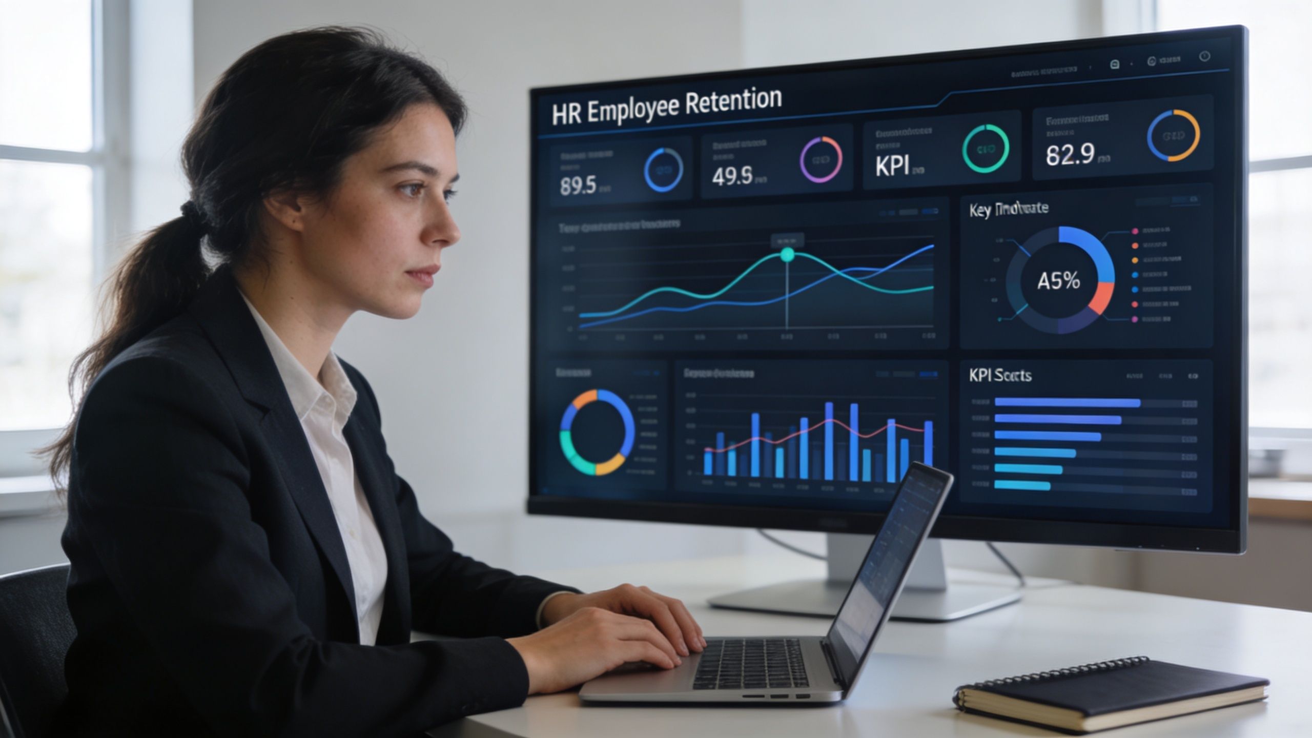Une professionnelle en costume analyse un tableau de bord numérique sur les données de rétention des employés.