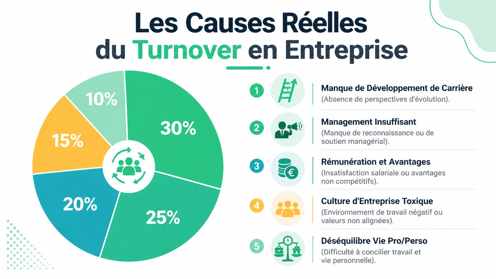 Un graphique en secteurs illustrant les cinq causes principales du turnover des employés en entreprise.