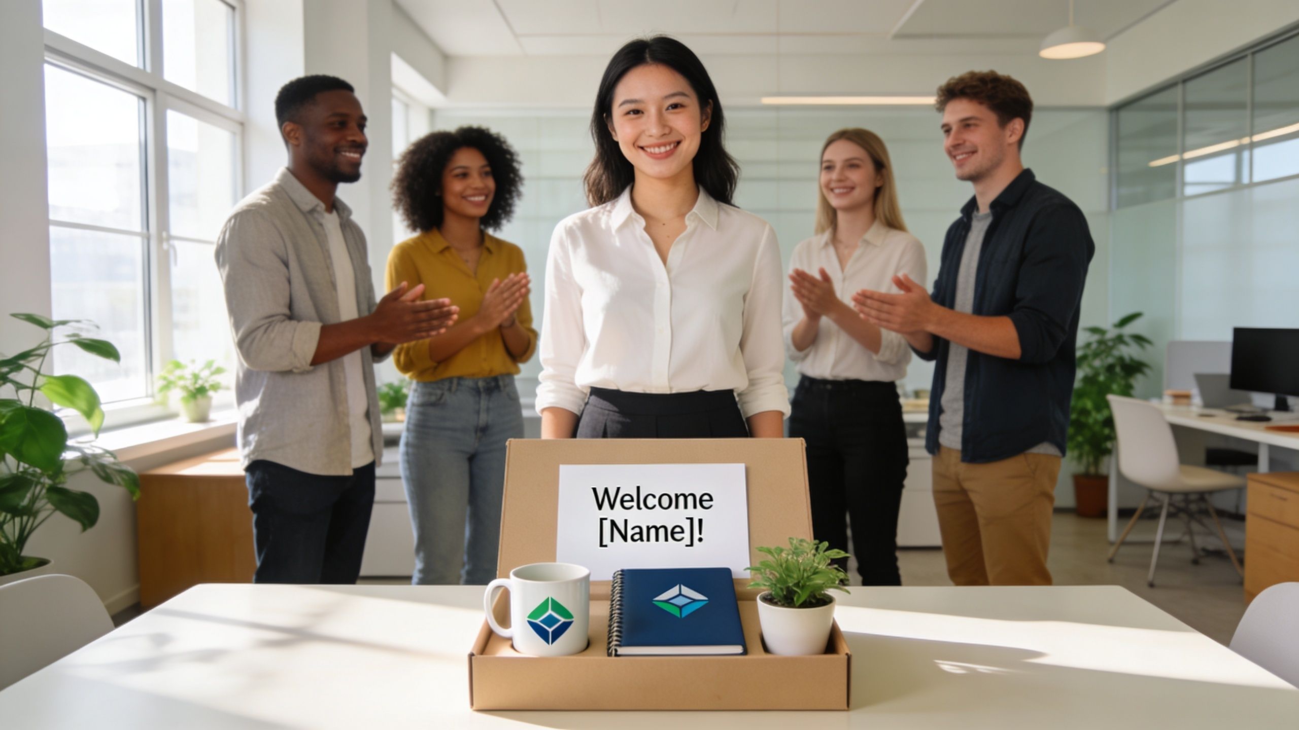Une nouvelle employée sourit devant un carton d'accueil avec ses collègues qui l'applaudissent au bureau.