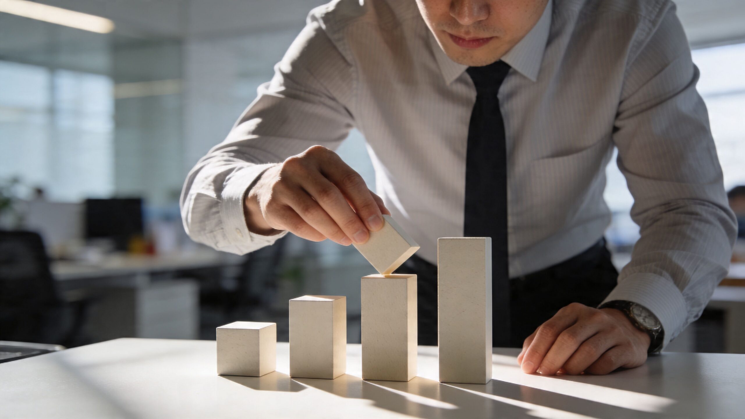 Un homme d'affaires empile des blocs de bois pour illustrer la croissance et la hiérarchisation des objectifs.