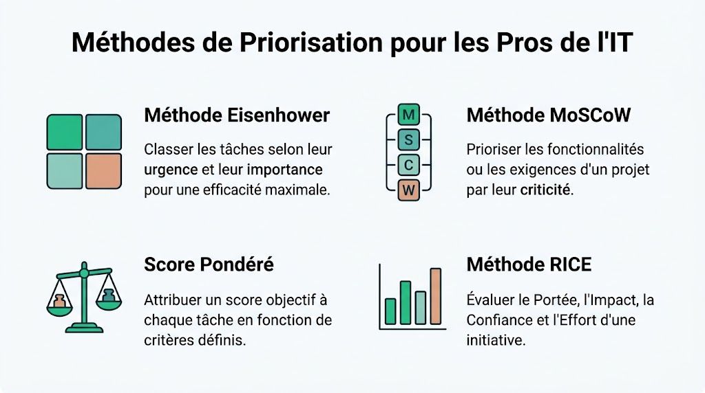 Illustration montrant quatre méthodes de priorisation pour les professionnels de l'IT, incluant Eisenhower, MoSCoW, Score Pondéré et RICE.
