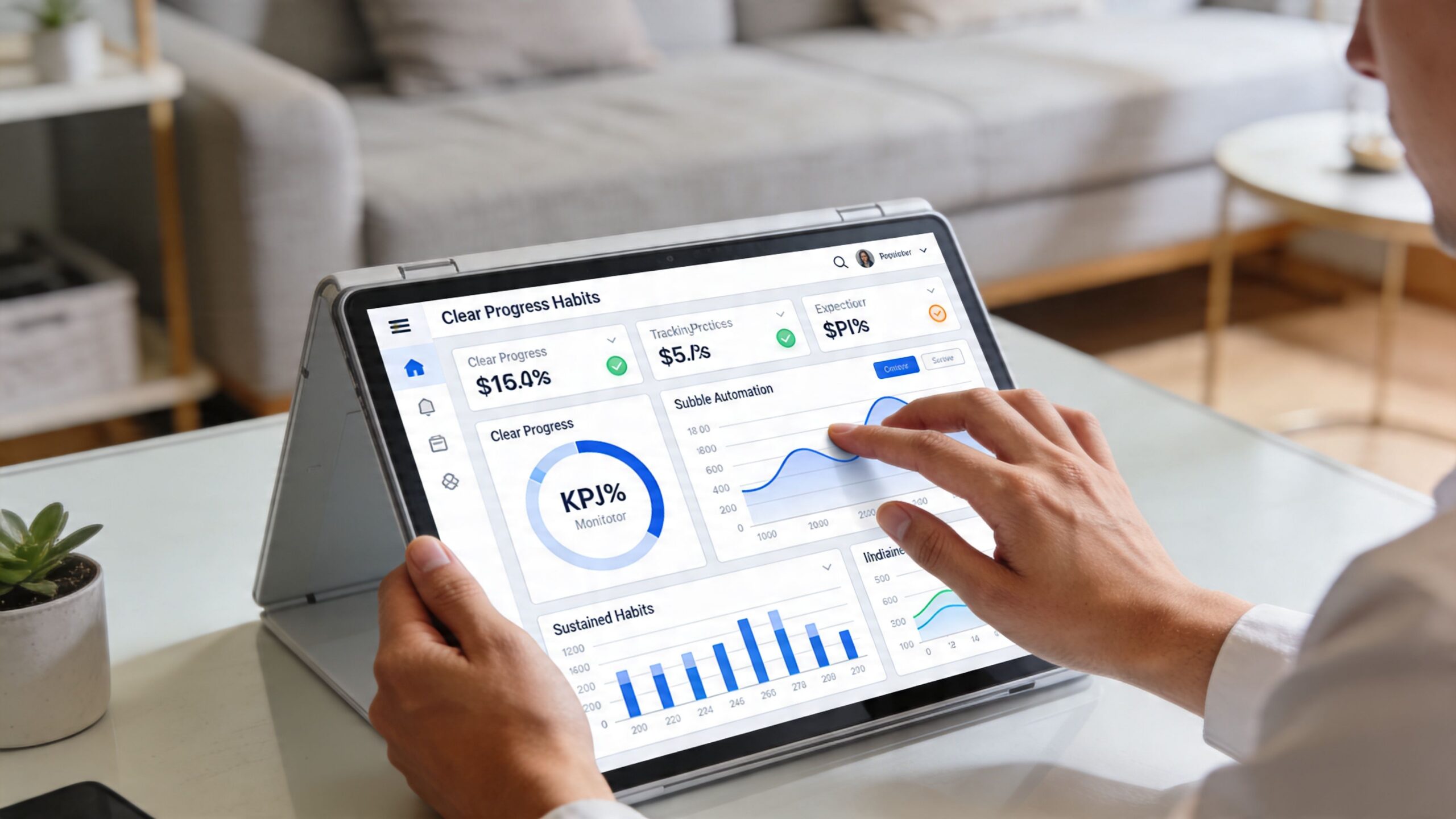 Une personne utilisant une tablette numérique pour consulter un tableau de bord de suivi de productivité et tâches.