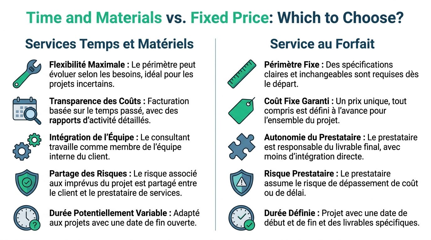 Comparaison visuelle entre les modèles de facturation Services Temps et Matériels et Service au Forfait pour projets.
