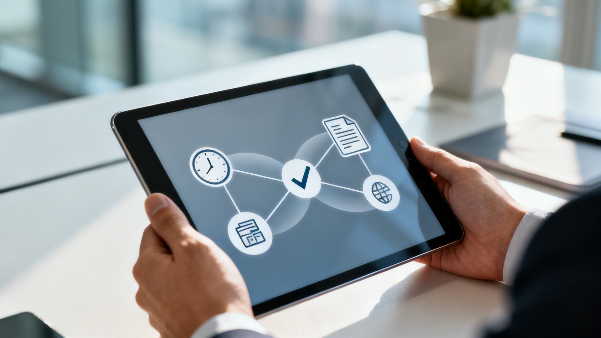 Personne utilisant une tablette avec un diagramme de gestion de tâches et de temps, documents et processus, symbolisant l'efficacité.