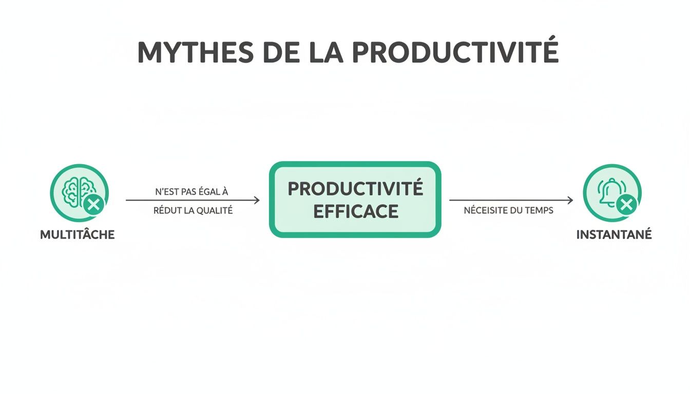 Infographie sur les mythes de la productivité, expliquant que le multitâche réduit la qualité et l'efficacité prend du temps.