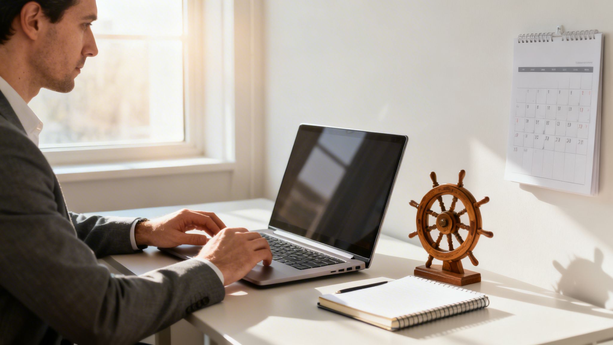 Un homme d'affaires travaille sur un ordinateur portable à son bureau lumineux, avec un calendrier mural et une roue de navire en bois.