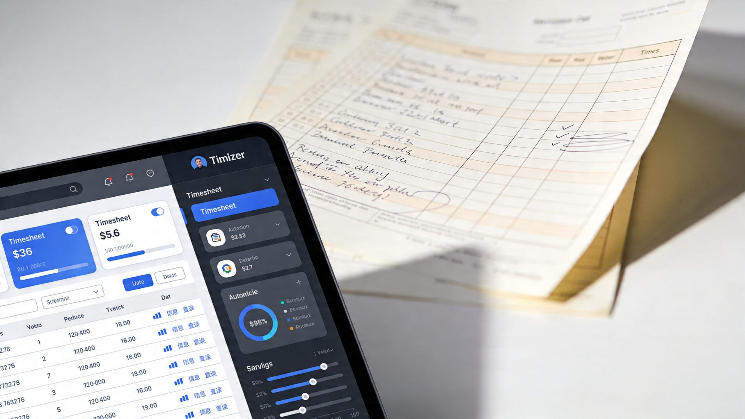 Une tablette numérique affichant des données de gestion du temps à côté d'une feuille de pointage papier.