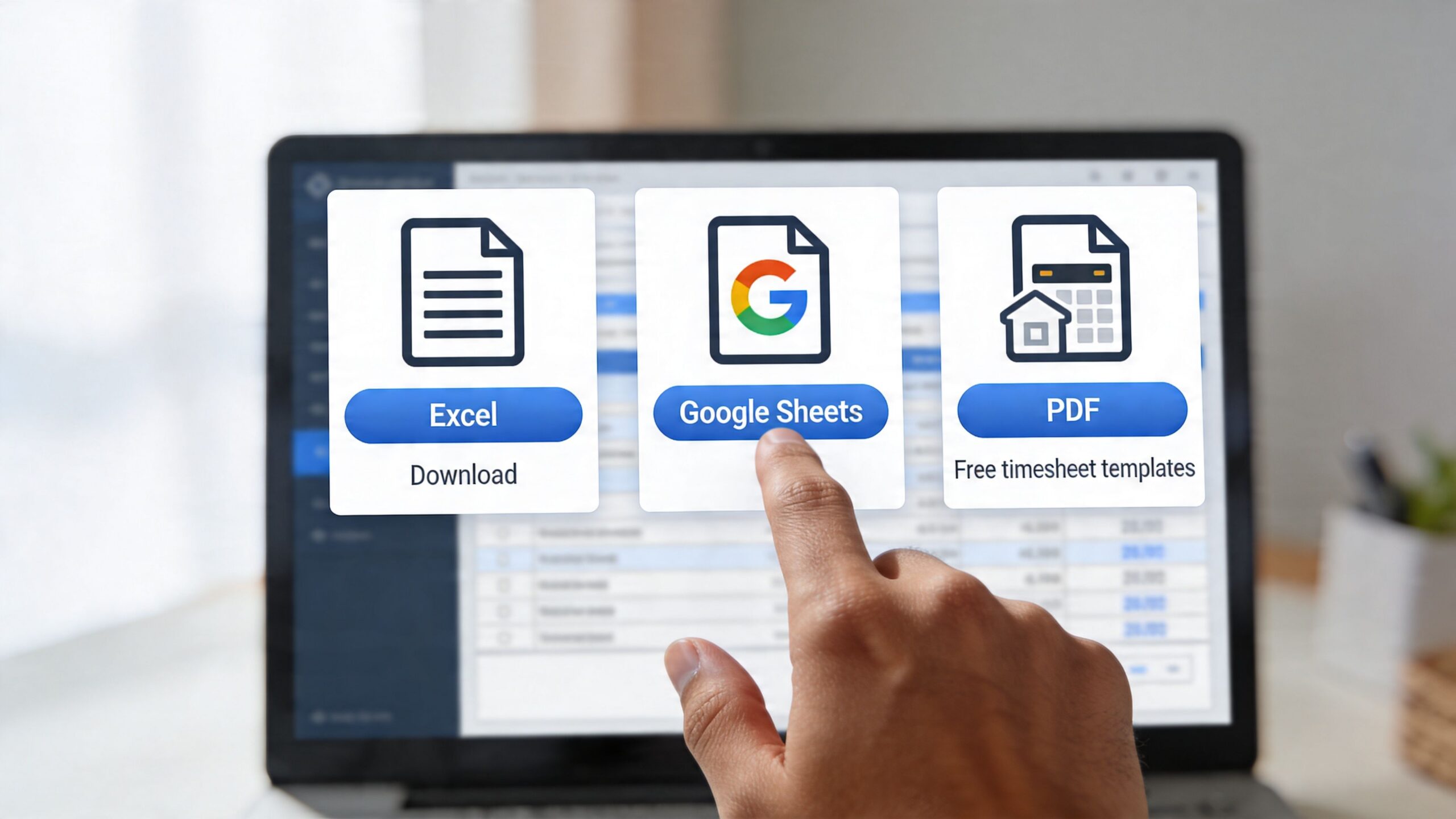 Une main sélectionne l'option Google Sheets sur un ordinateur pour accéder à un modèle feuille de temps.