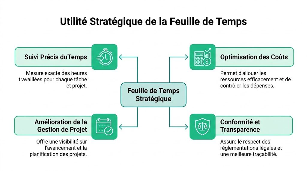 Schéma illustrant l'utilité stratégique des feuilles de temps pour la gestion des projets, les coûts et la conformité.