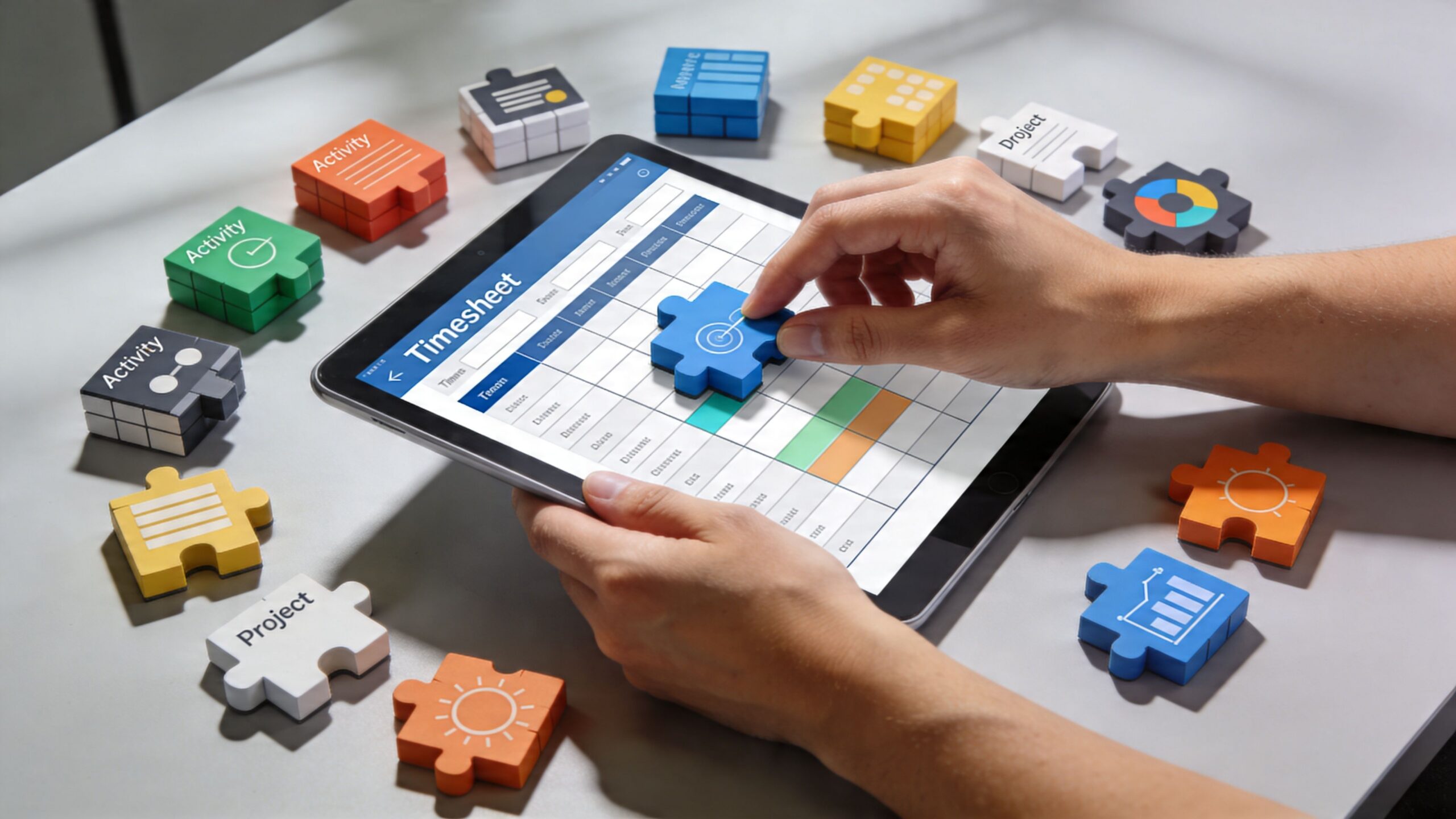 Une personne place une pièce de puzzle sur une tablette affichant un modèle de feuille de temps.