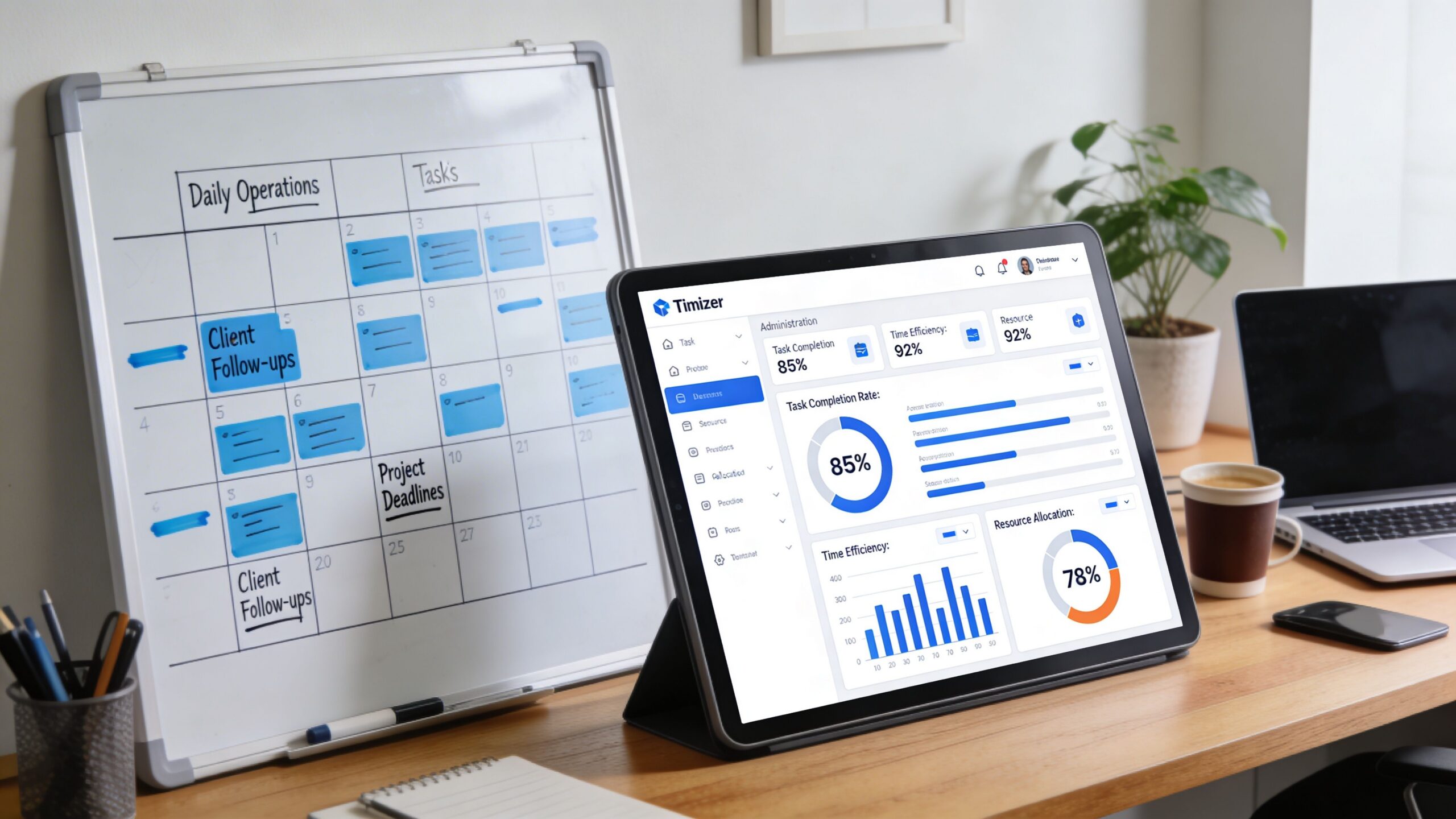Tableau blanc avec planning et tablette affichant un tableau de bord de gestion de projet professionnel.