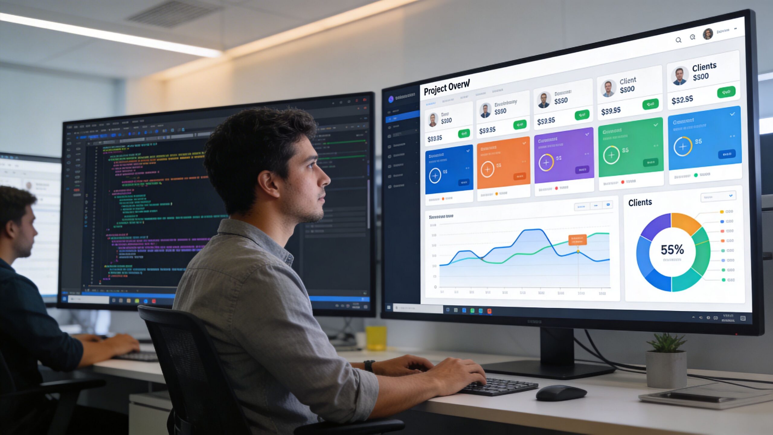 Un développeur travaillant sur des écrans affichant des graphiques de gestion de projet et du code informatique.