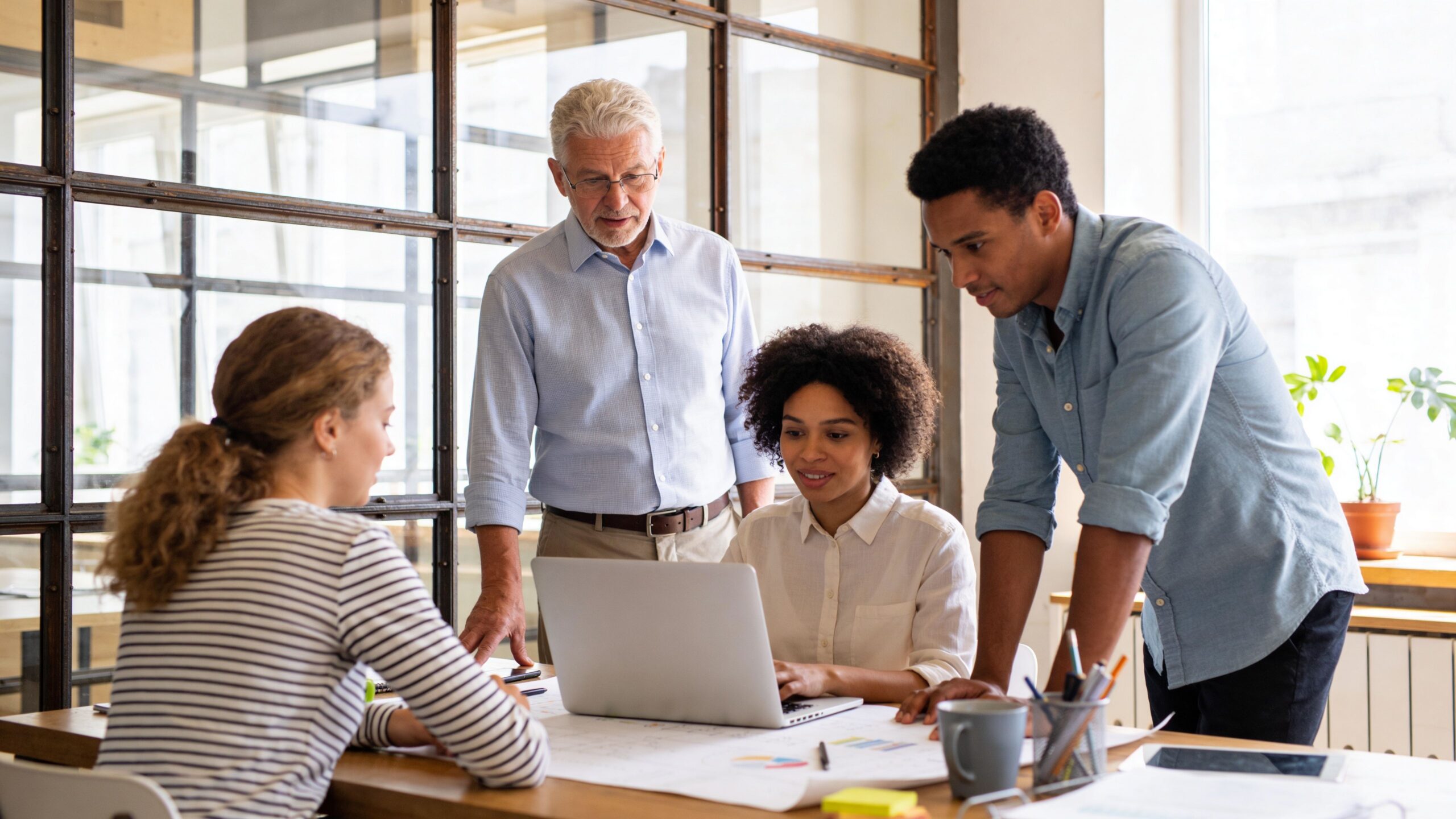 Une équipe diversifiée collaborant sur un projet professionnel dans un bureau moderne avec un ordinateur portable.