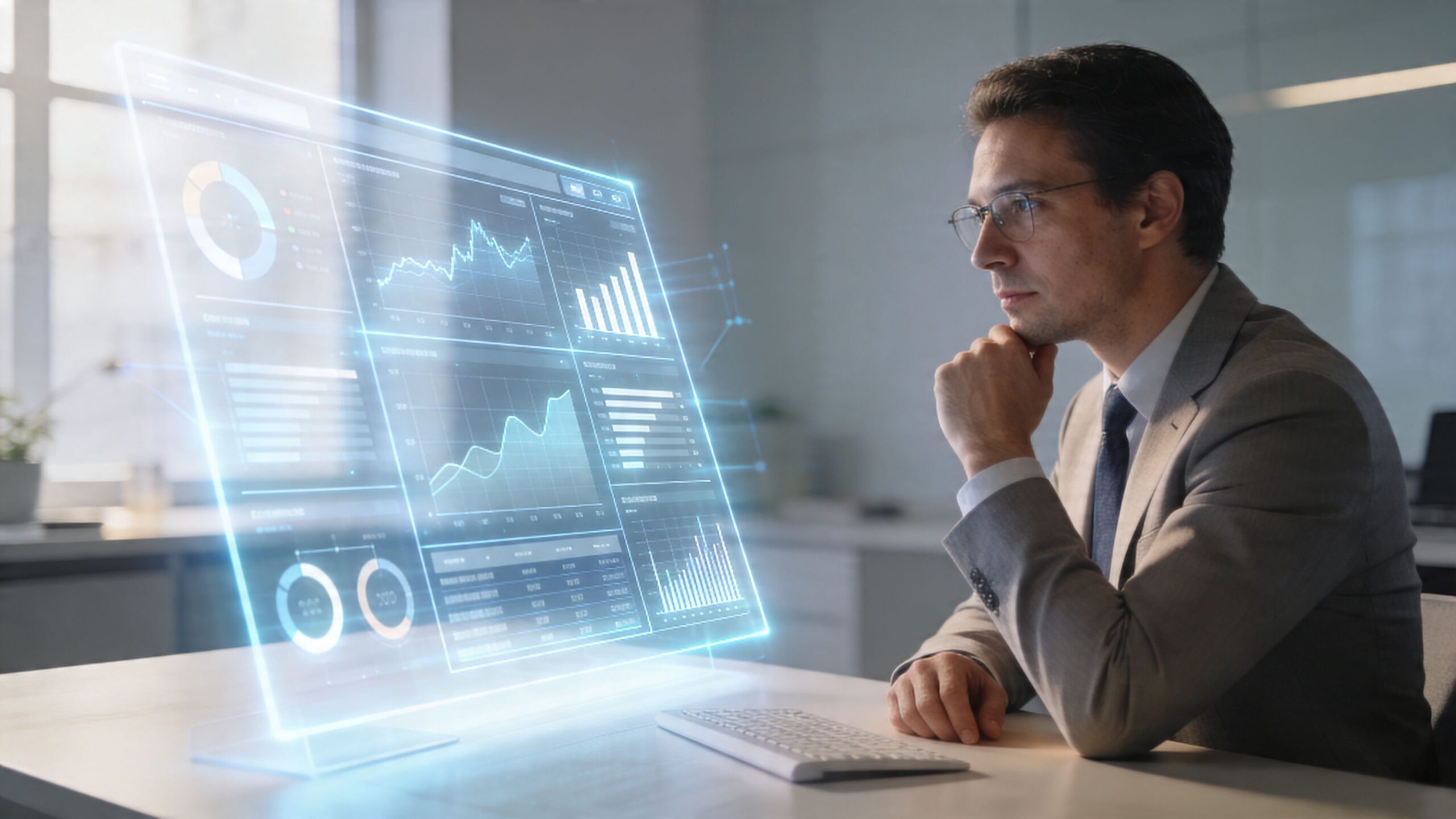 Un homme d'affaires en costume utilisant un écran holographique interactif pour analyser des données financières complexes.