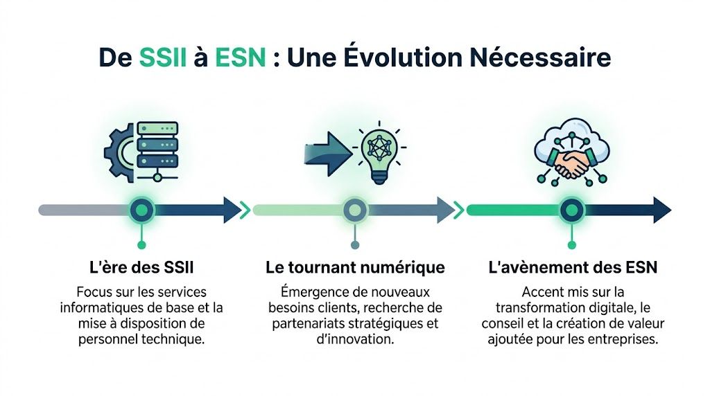 Infographie illustrant l'évolution des SSII vers les ESN, mettant en avant la transformation digitale et le conseil.