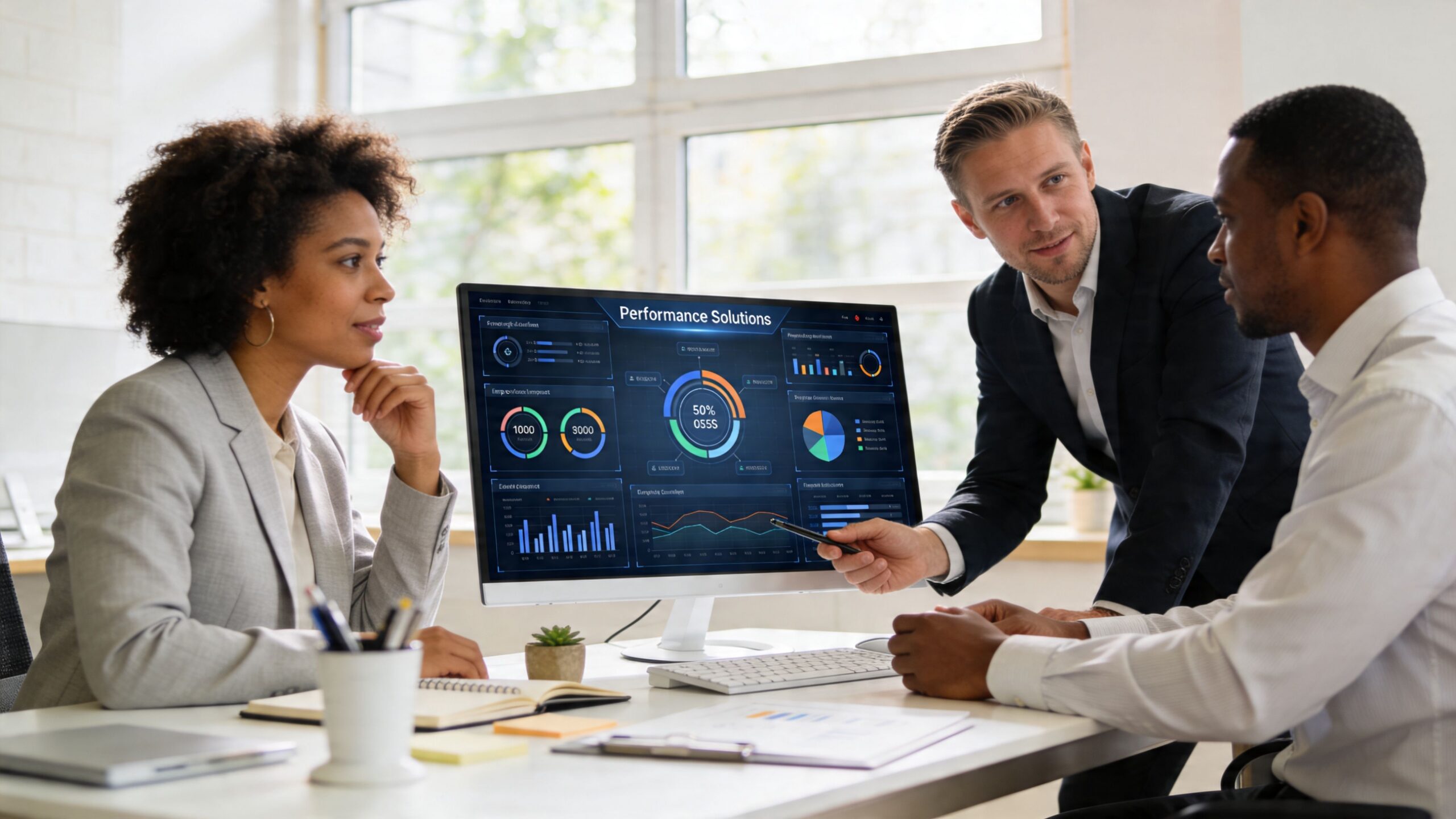 Une équipe professionnelle analyse des graphiques de performance sur un écran d'ordinateur lors d'une réunion de travail.