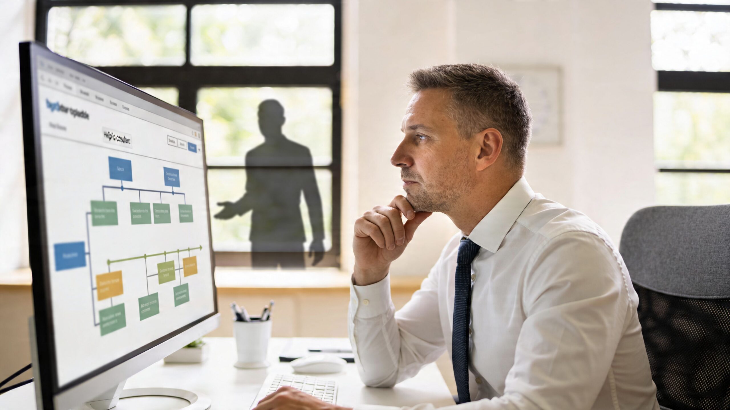 Un homme d'affaires concentré travaille sur un ordinateur affichant un organigramme dans un bureau moderne.