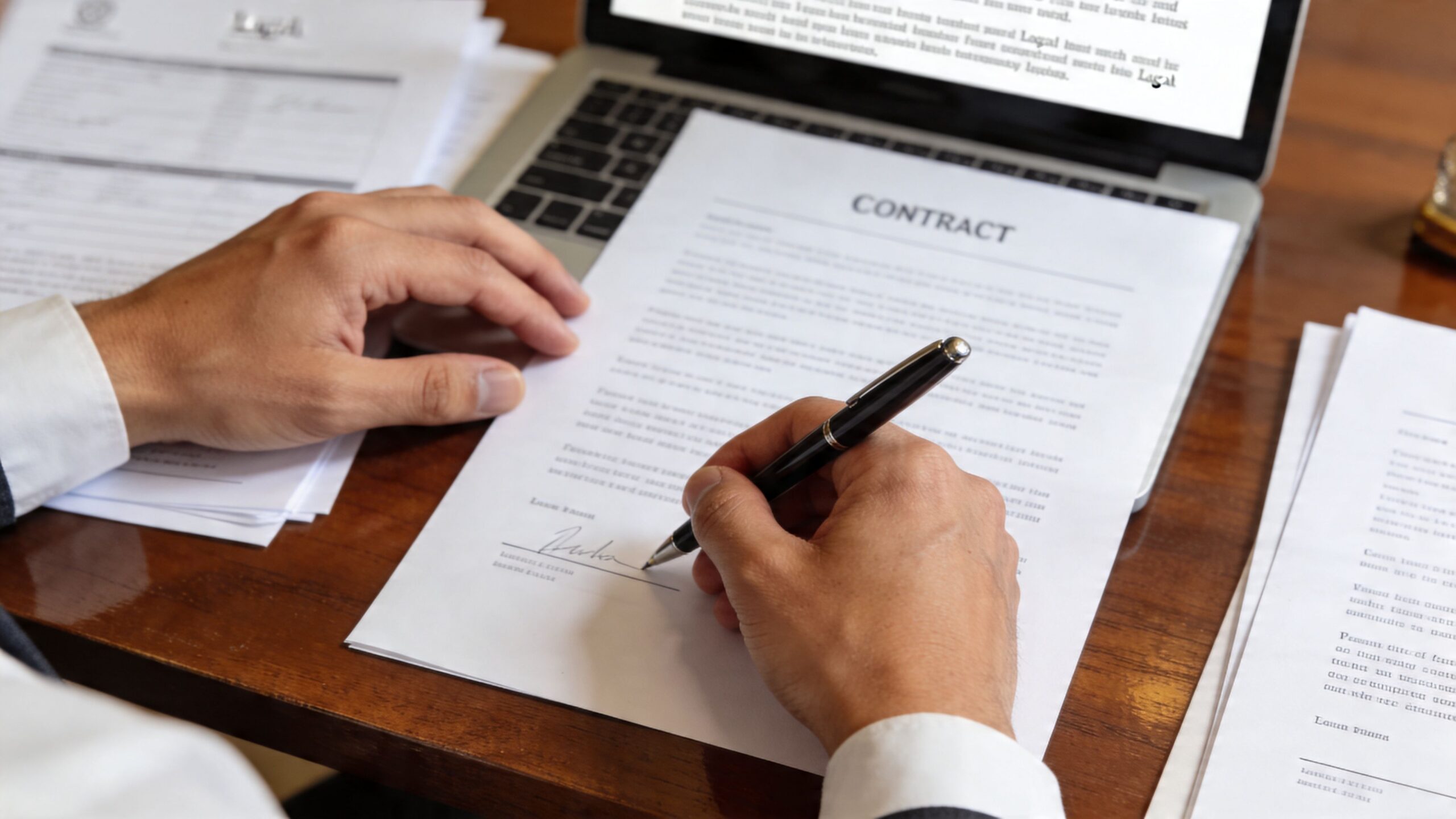 Une personne en chemise blanche signe un contrat officiel posé sur un bureau en bois en entreprise