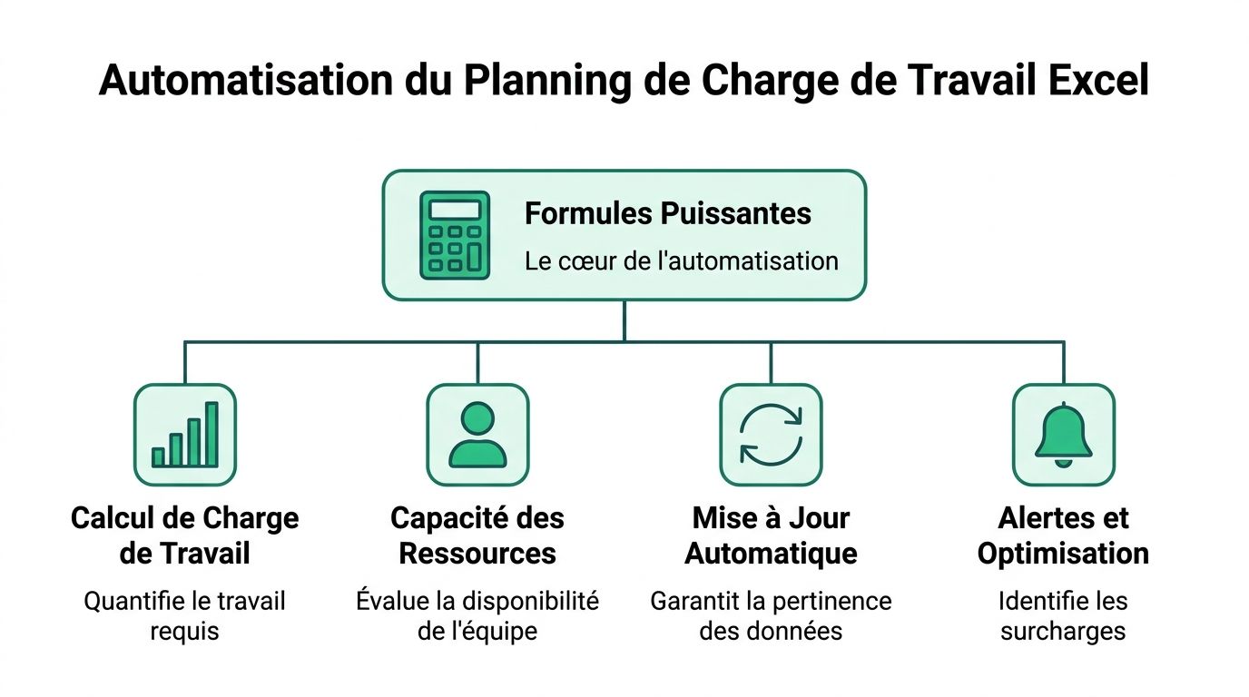 Schéma illustrant l'automatisation d'un planning de charge de travail Excel à l'aide de formules puissantes.