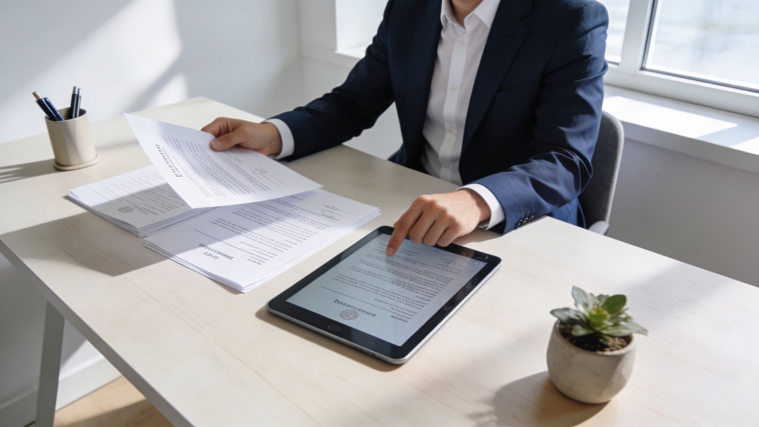 Un professionnel en costume examine des documents officiels et une tablette numérique lors d'un entretien professionnel au bureau.