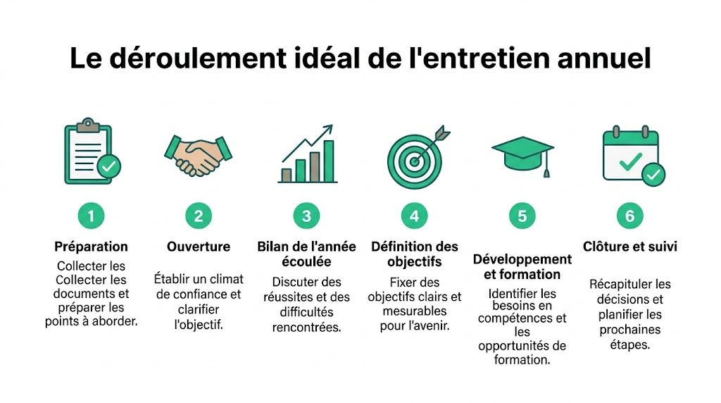 Infographie illustrant les six étapes clés pour réussir le déroulement idéal d'un entretien annuel individuel en entreprise.