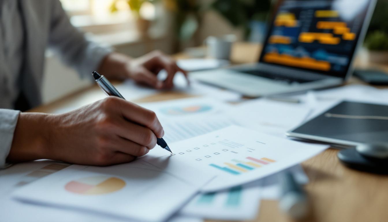 Personne validant des documents CRA sur une table, stylo a main, documents organises, espace de travail administratif