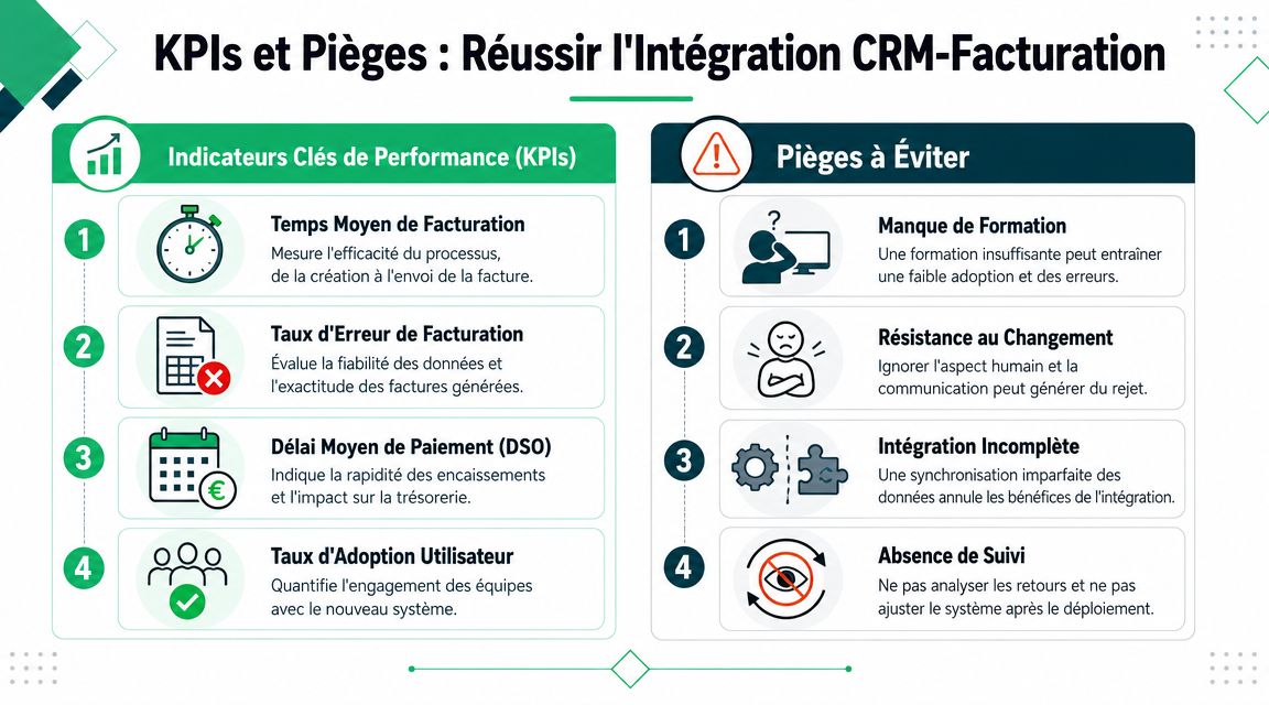 Infographie présentant les indicateurs clés de performance et les pièges à éviter pour l'intégration CRM et facturation.