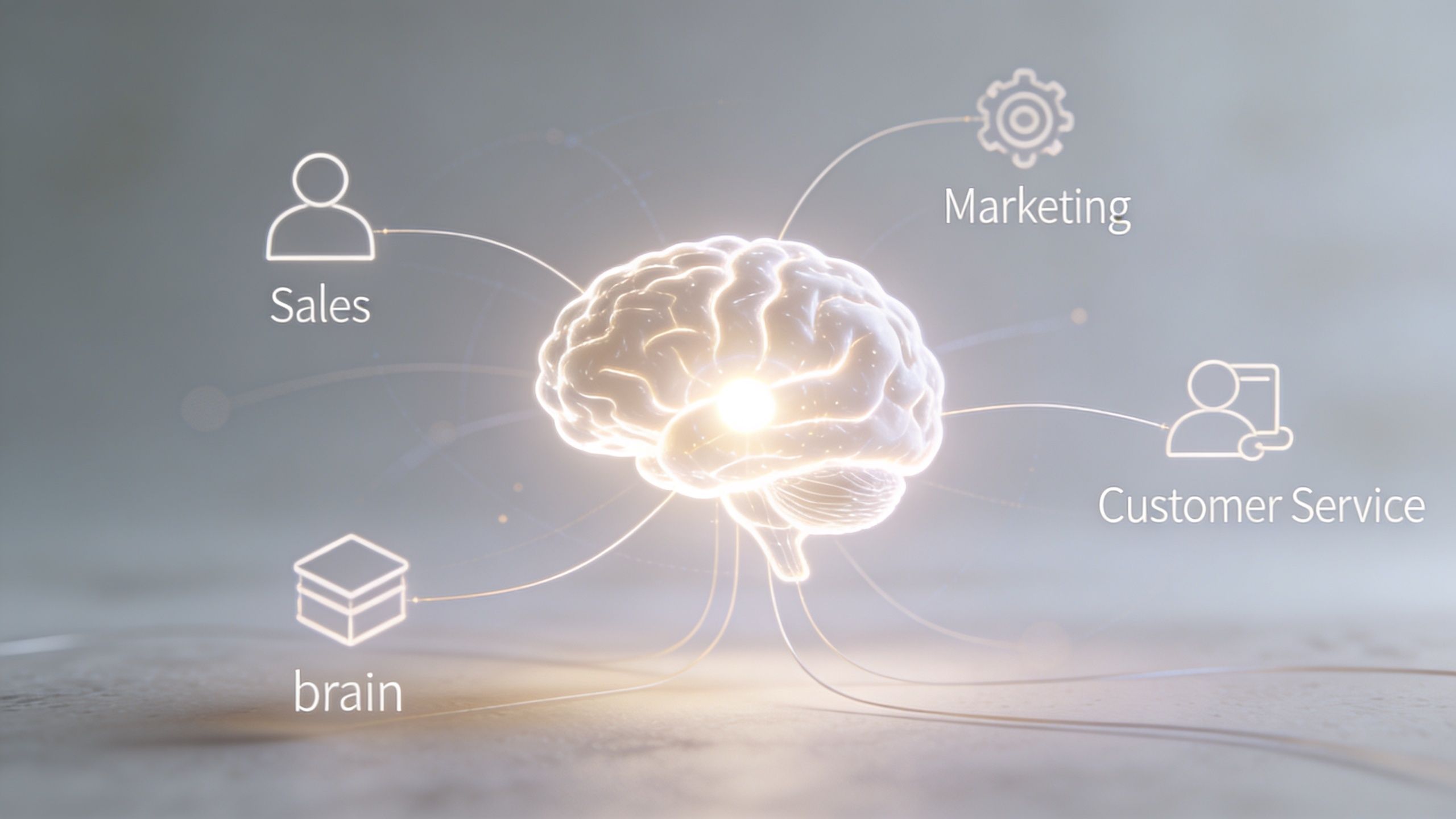 Un cerveau lumineux connecté à des icônes représentant les ventes, le marketing et le service client.