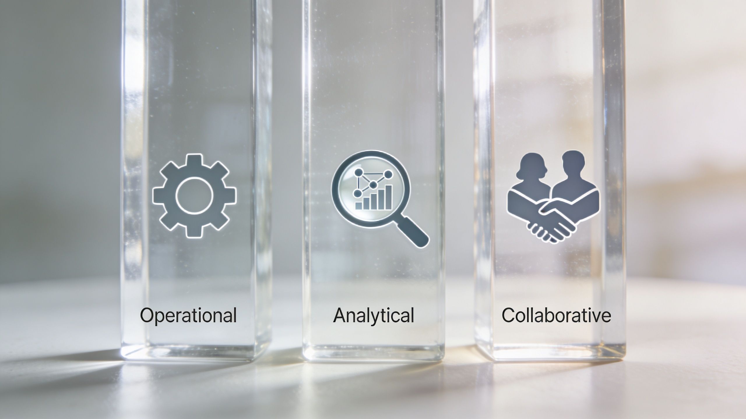 Trois piliers en verre transparent affichant des icônes pour les approches CRM opérationnelle, analytique et collaborative.