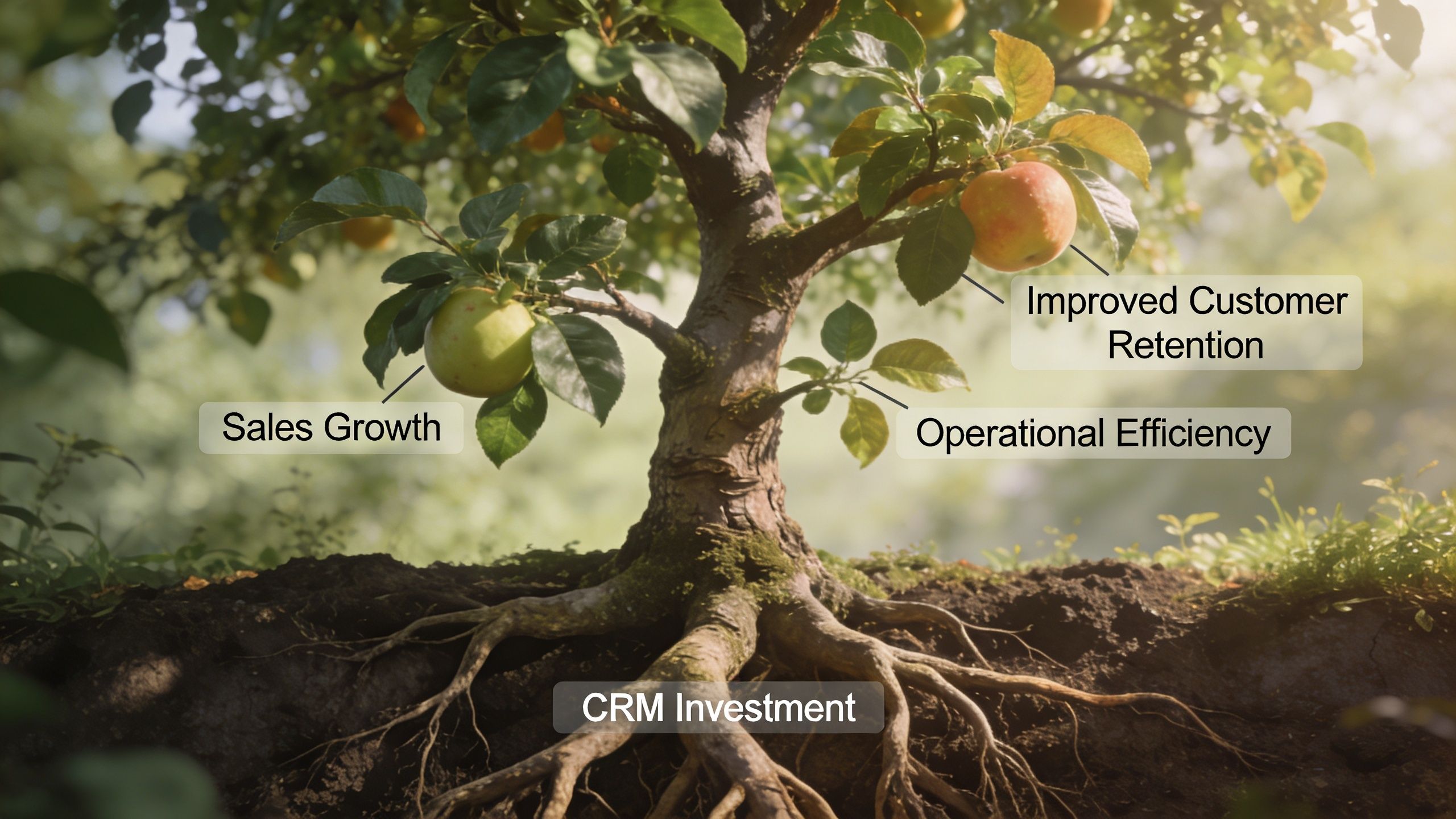 Illustration d'un arbre avec des racines marquées investissement CRM symbolisant la croissance des ventes et l'efficacité opérationnelle.