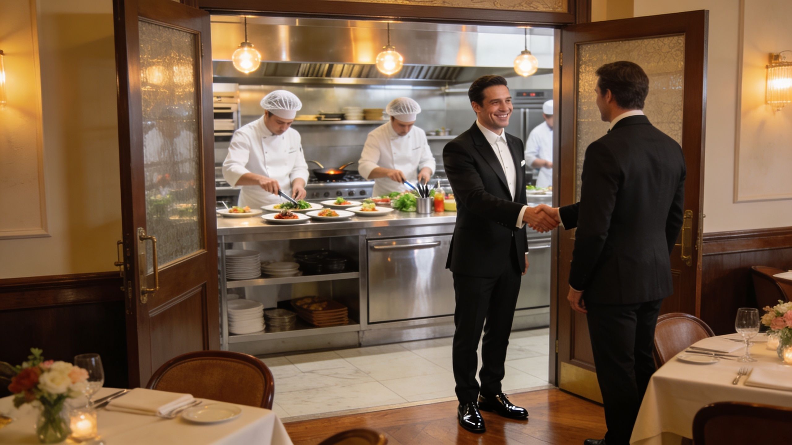 Deux hommes en costume se serrent la main devant la cuisine d'un restaurant gastronomique élégant.