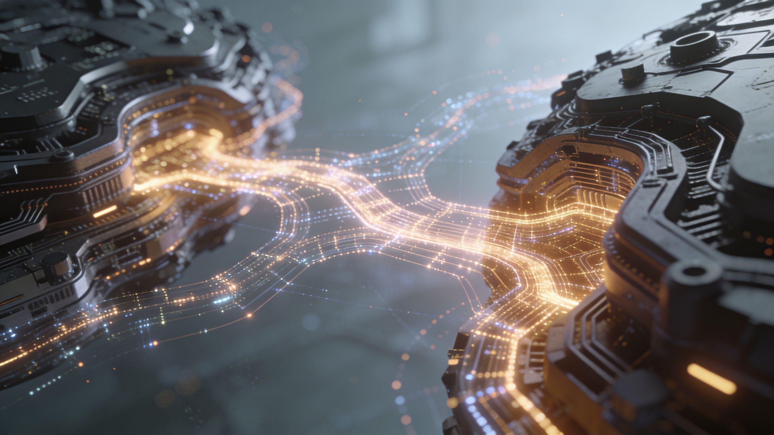 Connexion numérique abstraite entre deux composants matériels sophistiqués représentant le transfert de données informatiques.