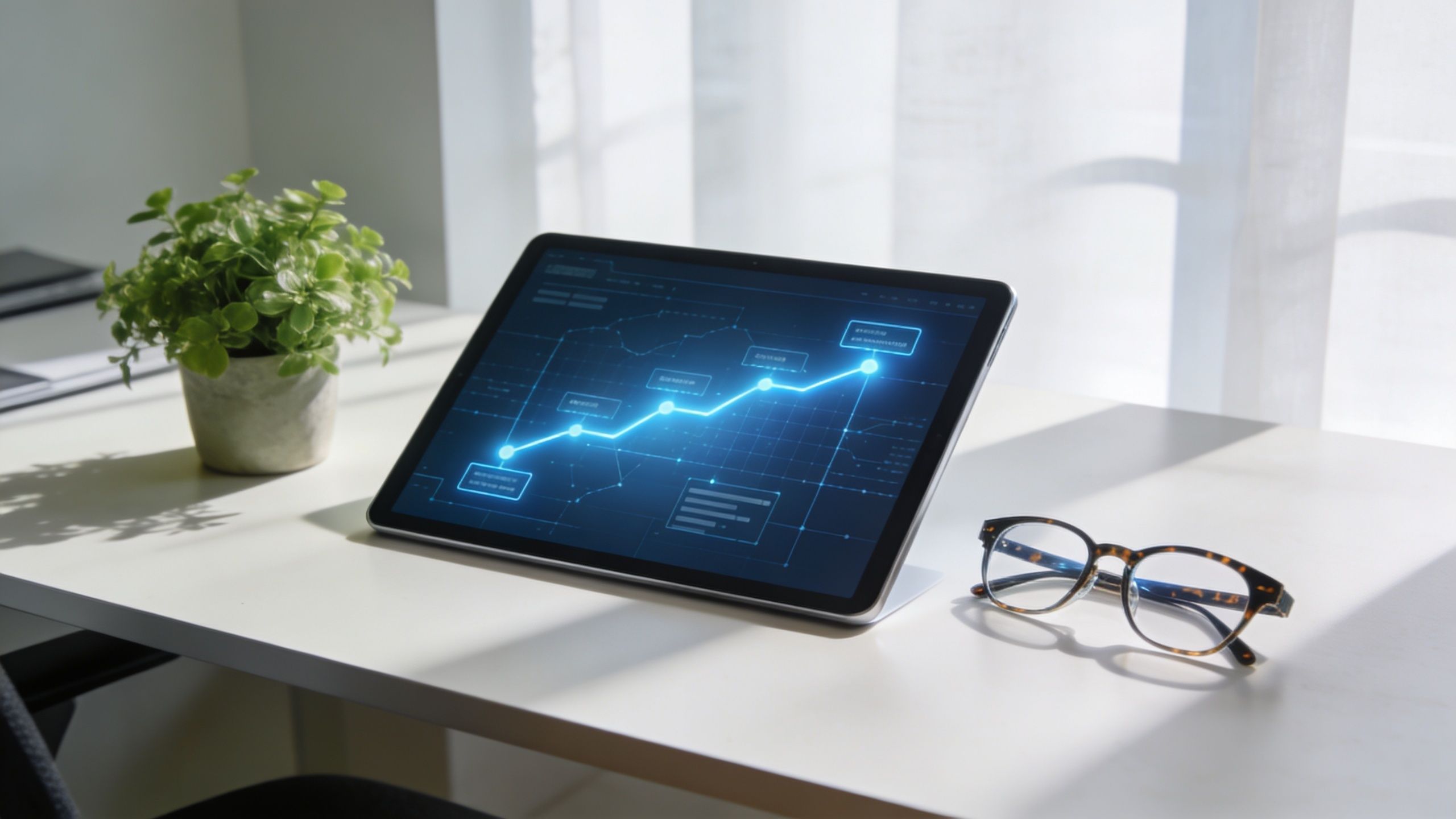Une tablette numérique posée sur un bureau affichant un graphique de croissance financière avec des lunettes.