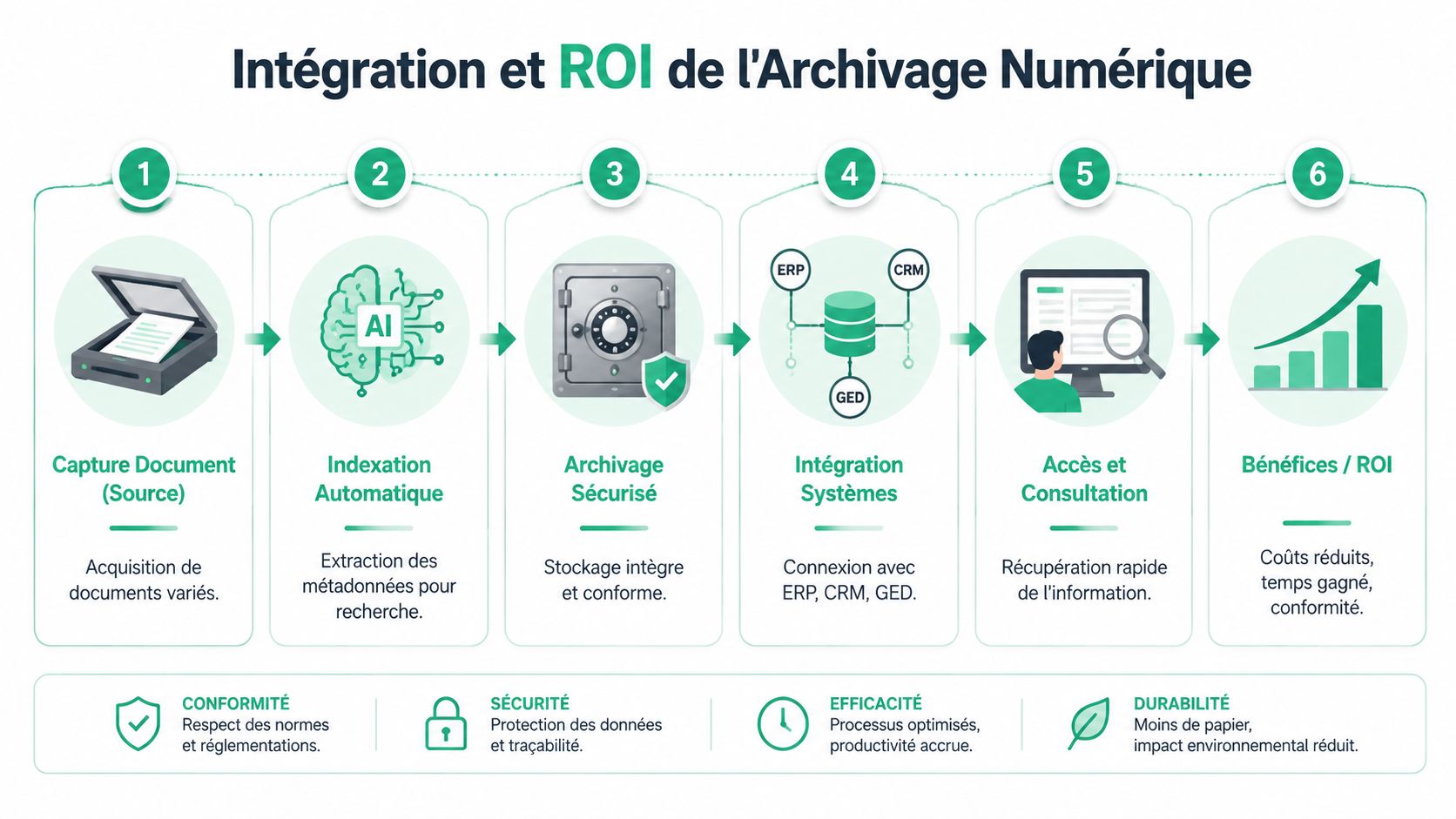 Infographie illustrant les étapes clés de l'intégration et du retour sur investissement de l'archivage numérique en entreprise.