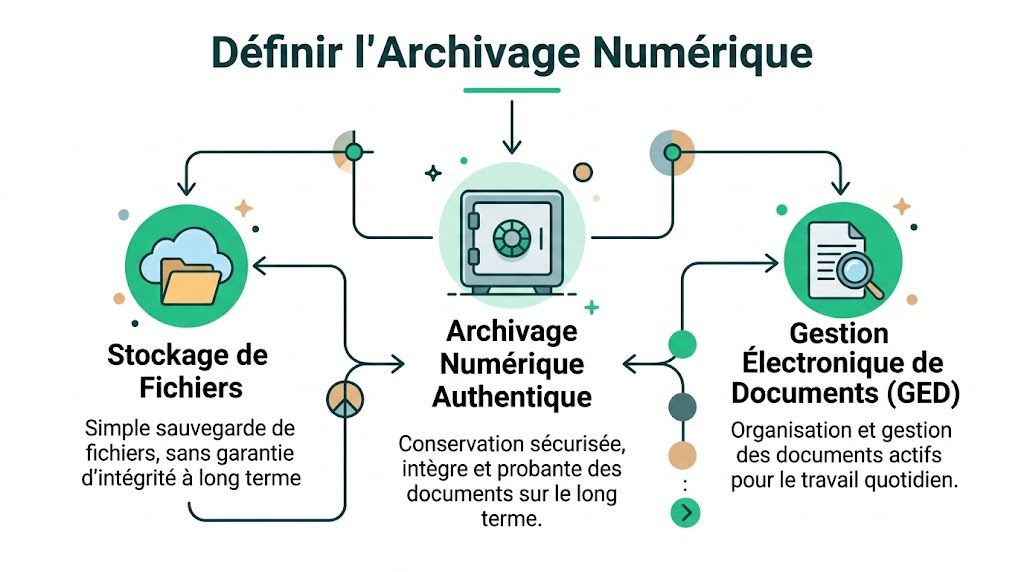 Schéma explicatif illustrant la différence entre stockage de fichiers, GED et archivage numérique authentique pour les entreprises.