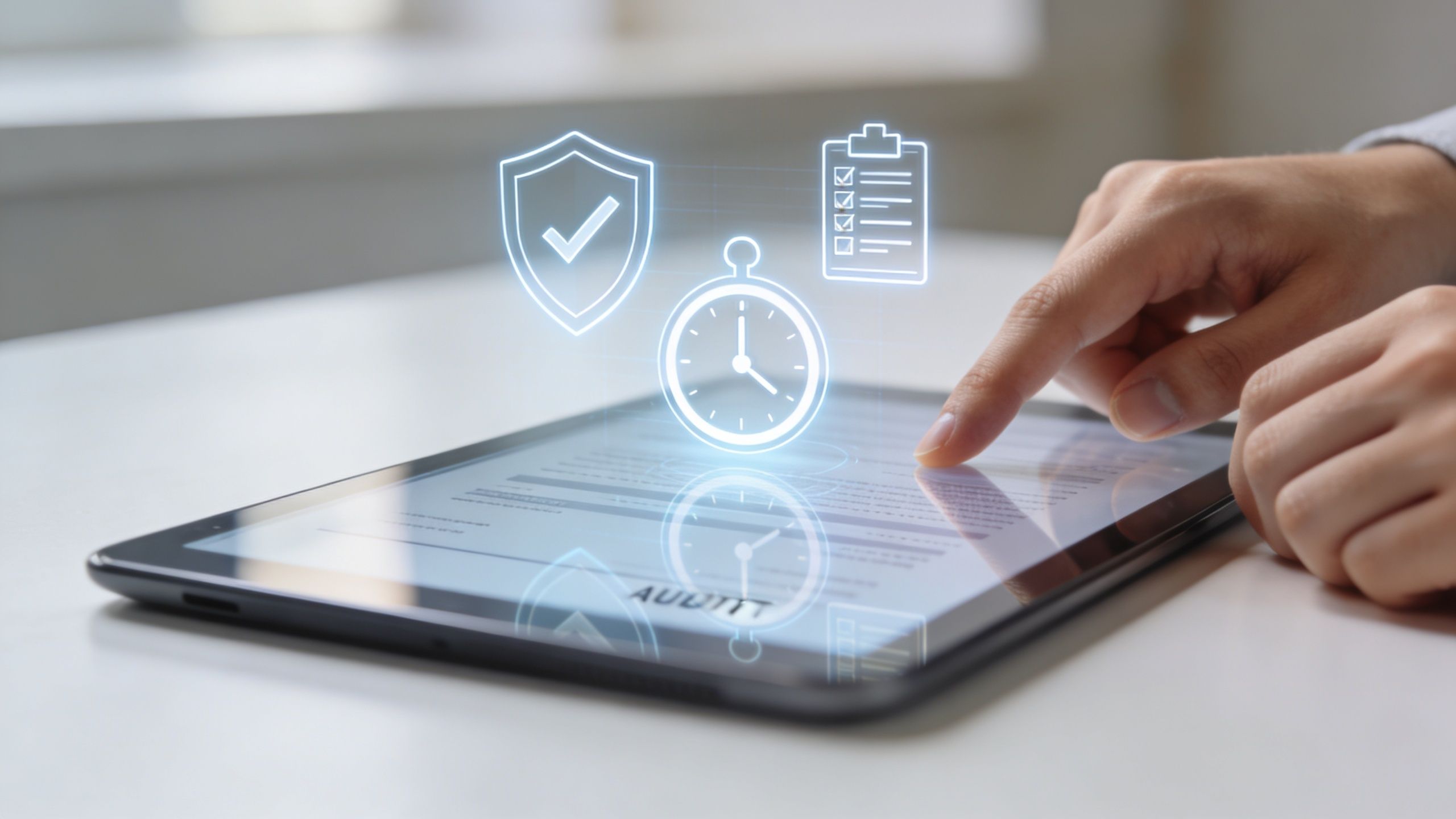 Une main interagissant avec une tablette affichant des icônes numériques de sécurité, d'horloge et de liste de contrôle.