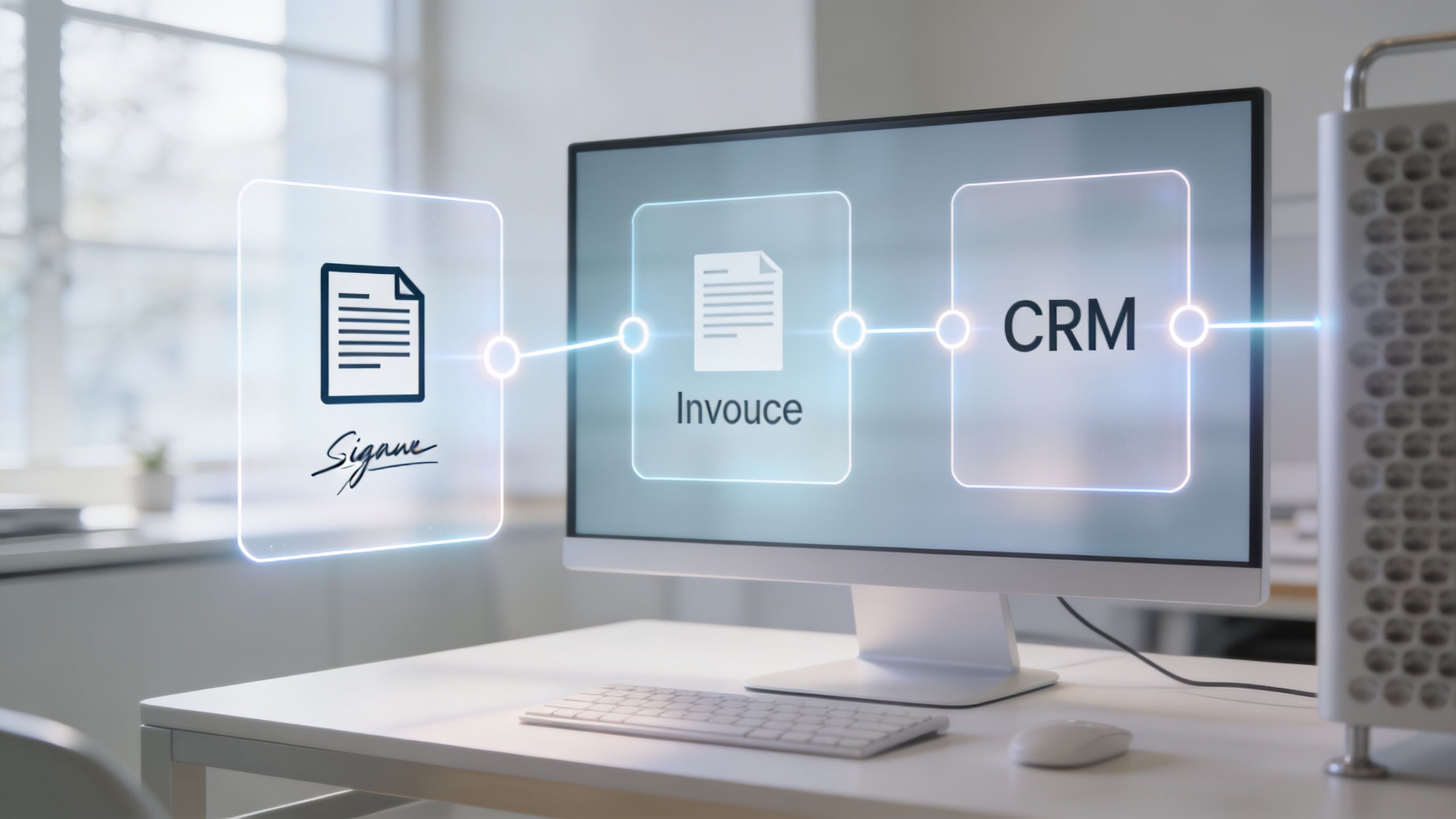 Illustration montrant un flux de travail numérique entre la signature électronique, la facturation et le logiciel CRM.