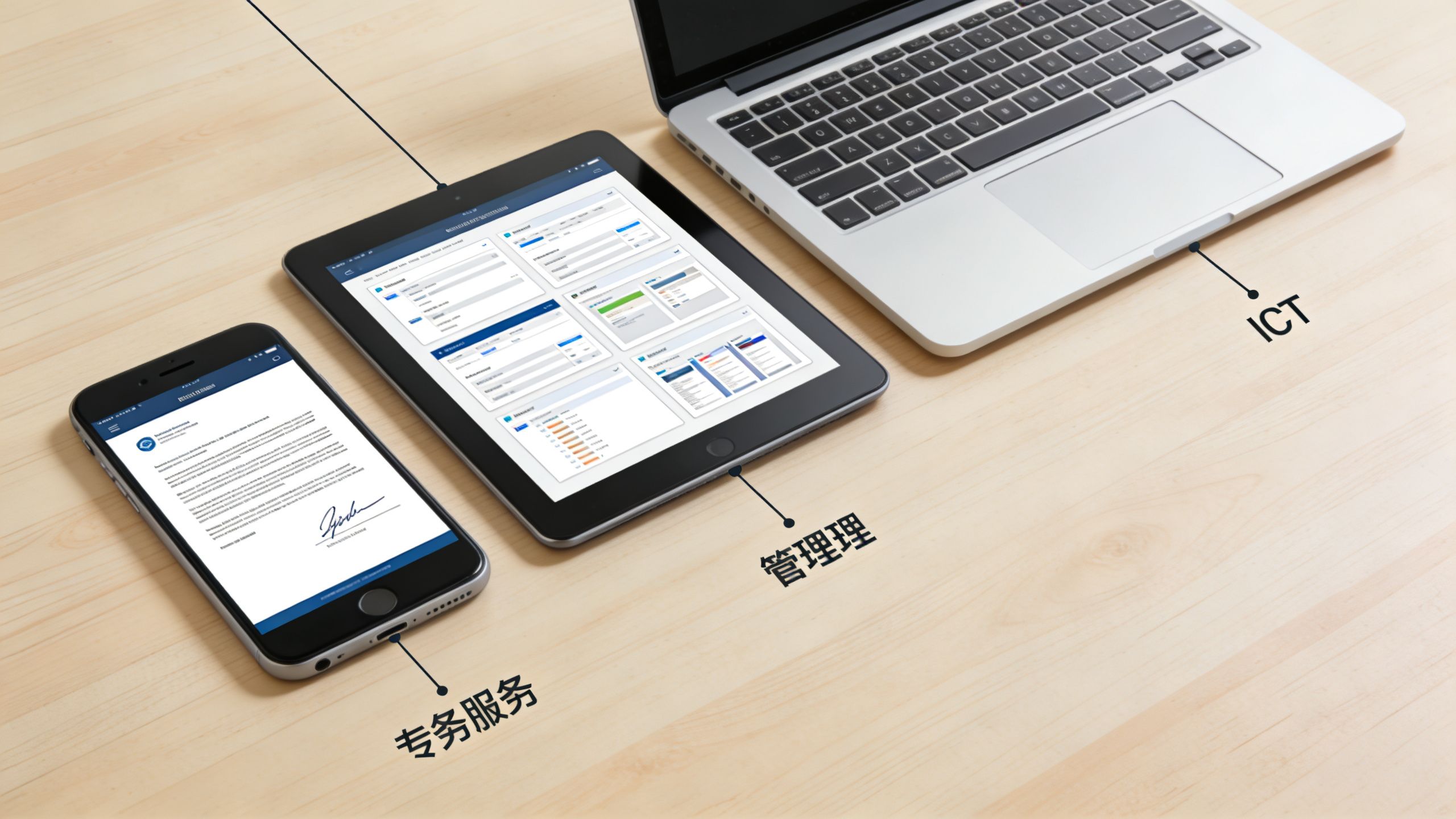 Un smartphone, une tablette et un ordinateur portable disposés sur une table, illustrant des outils numériques professionnels.