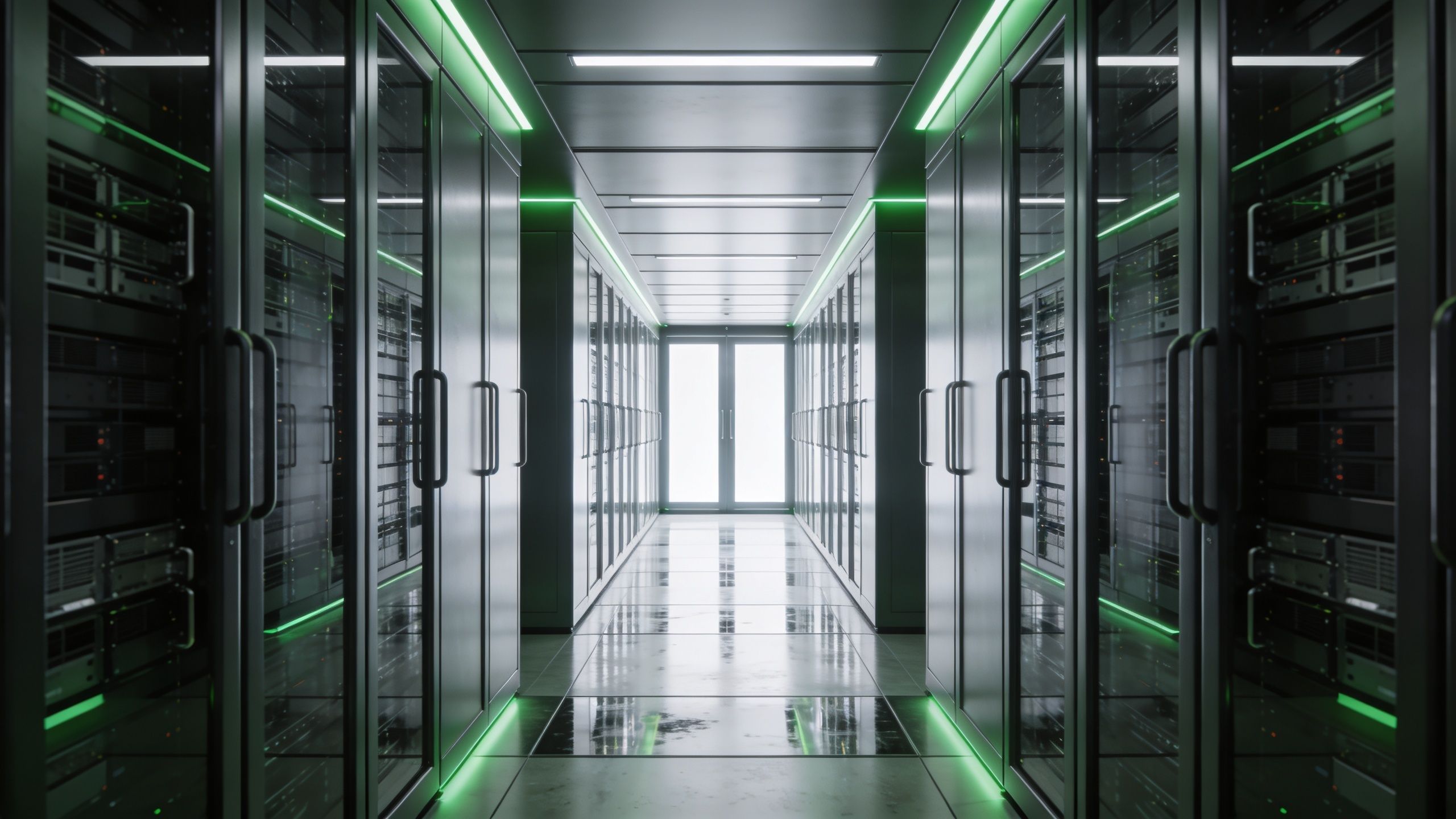 Allée centrale d'un centre de données moderne avec des rangées de serveurs informatiques et éclairage vert néon.